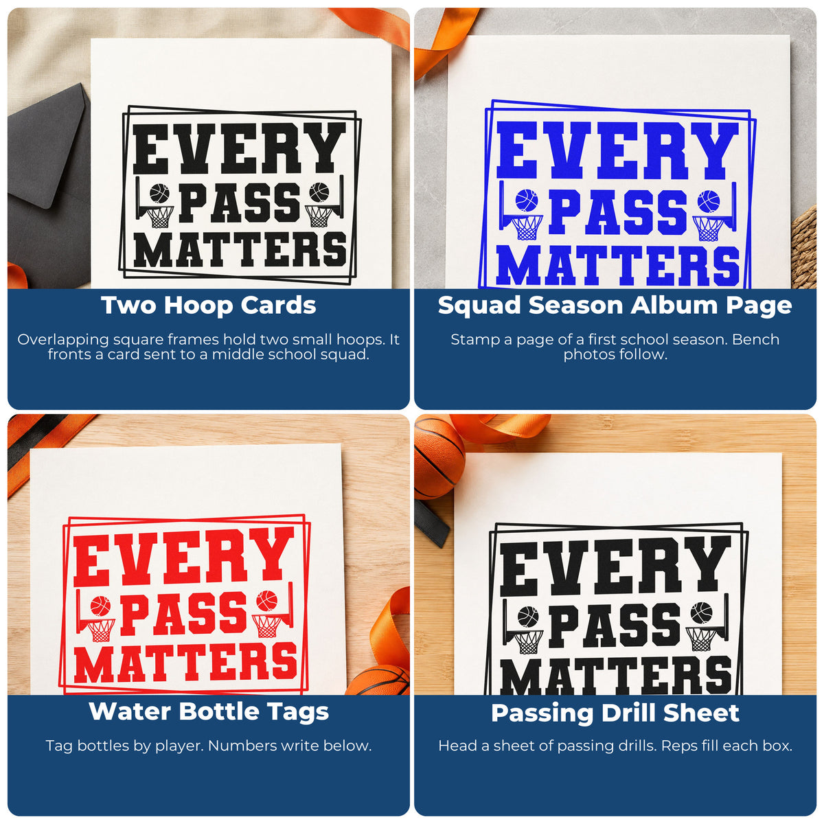 Four ways to use the Every Pass Matters Pre-Inked Stamp – PSI: two hoop cards, squad season album page, water bottle tags and passing drill sheet.