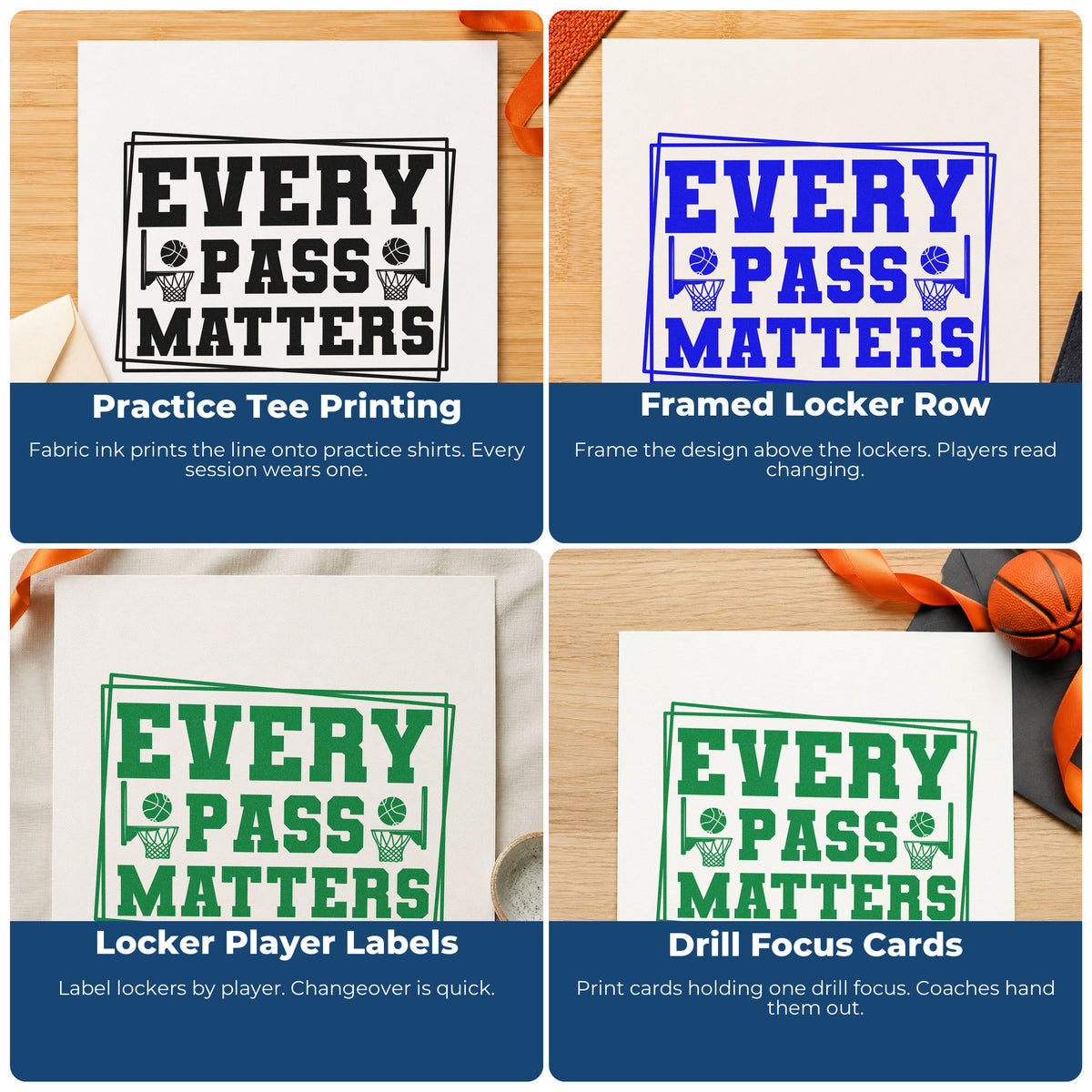 Four ways to use the Every Pass Matters Self-Inking Craft Stamp: practice tee printing, framed locker row, locker player labels and drill focus cards.
