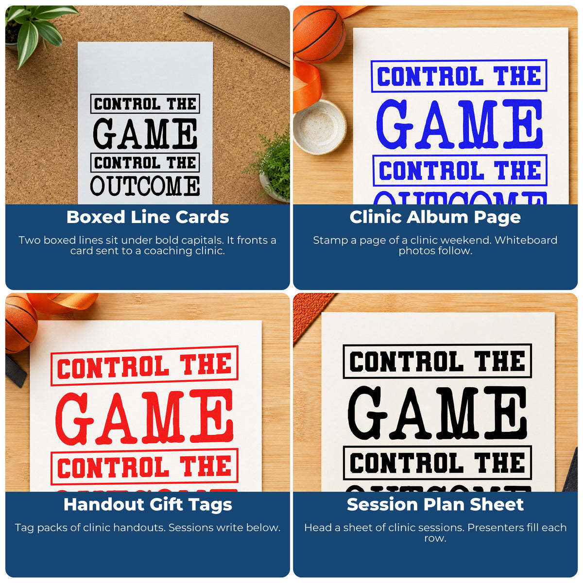 Four ways to use the Boxed Control The Game Lettering Pre-Inked Stamp – PSI: boxed line cards, clinic album page, handout gift tags and session plan sheet.