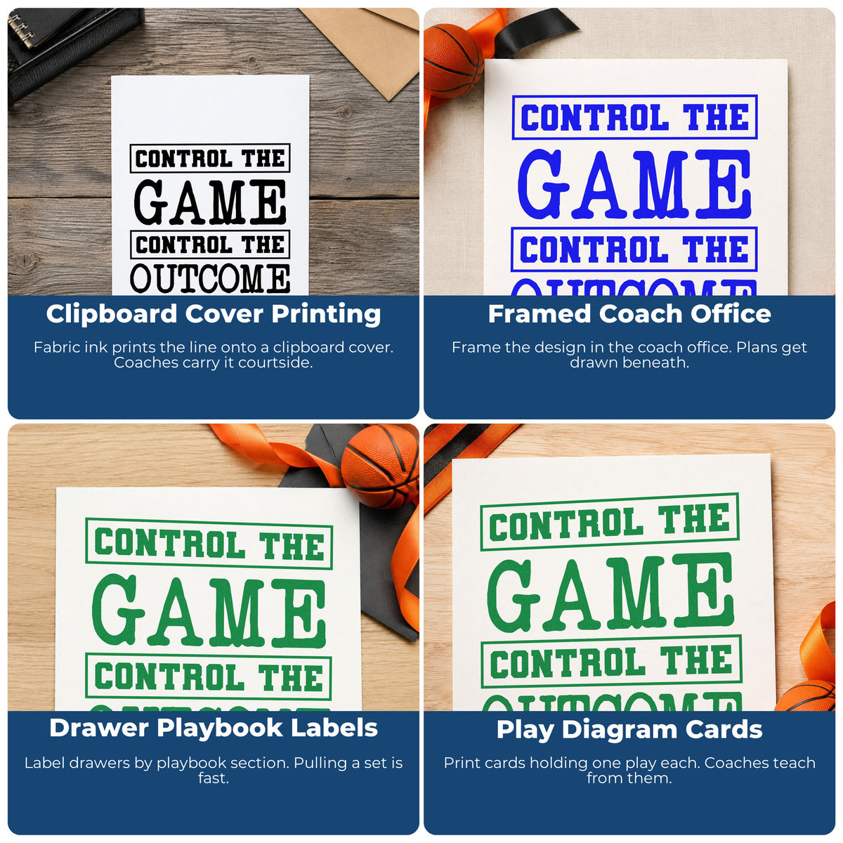 Four ways to use the Boxed Control The Game Lettering Pre-Inked Stamp – PSI: clipboard cover printing, framed coach office, drawer playbook labels and play diagram cards.