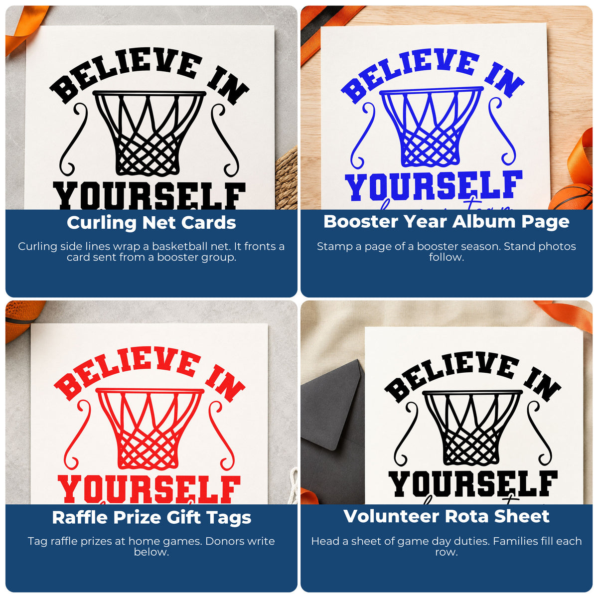 Four ways to use the Believe Yourself Your Team Stamp – Self-Inking: curling net cards, booster year album page, raffle prize gift tags and volunteer rota sheet.