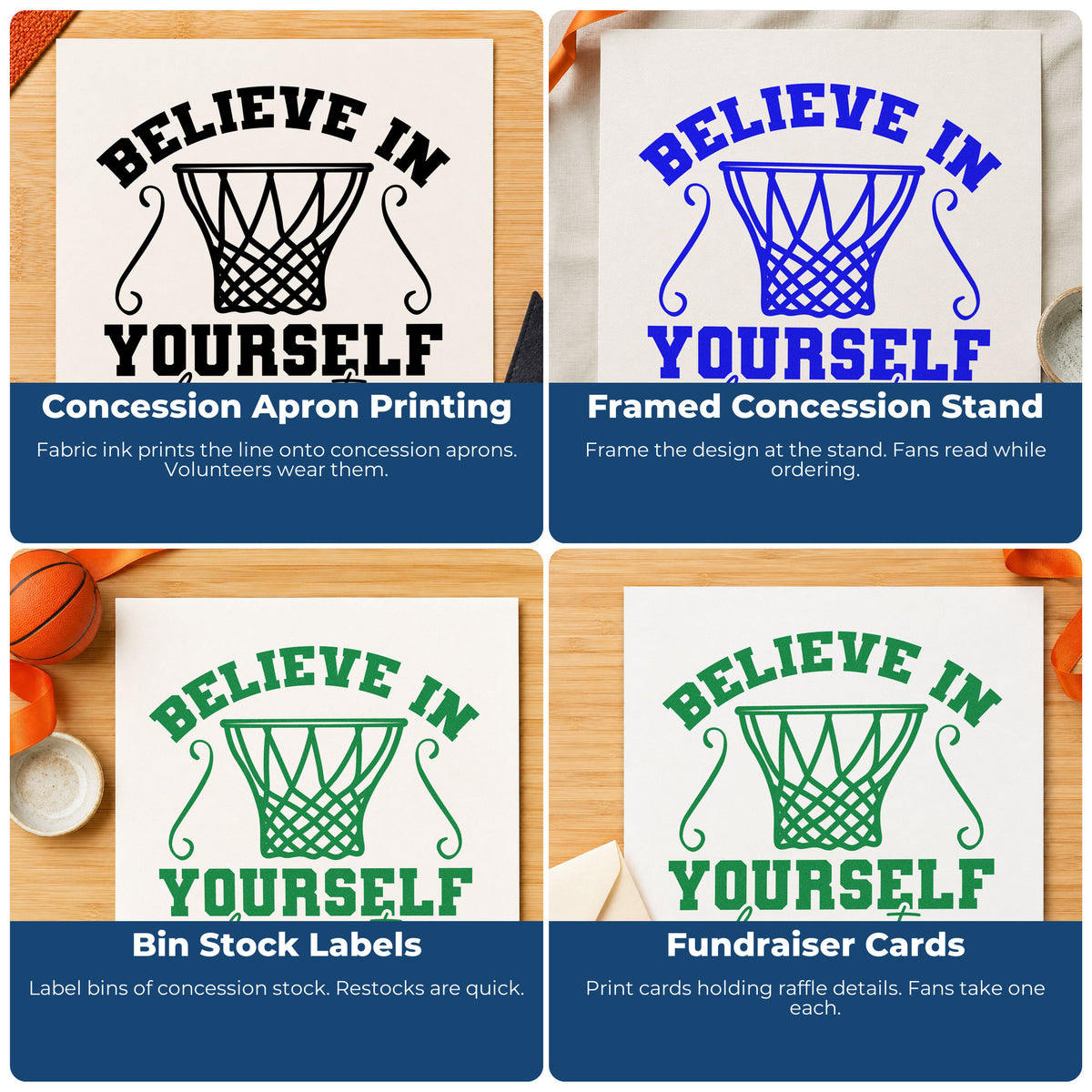 Four ways to use the Believe Yourself Your Team Rubber Stamp – Duo Hand: concession apron printing, framed concession stand, bin stock labels and fundraiser cards.