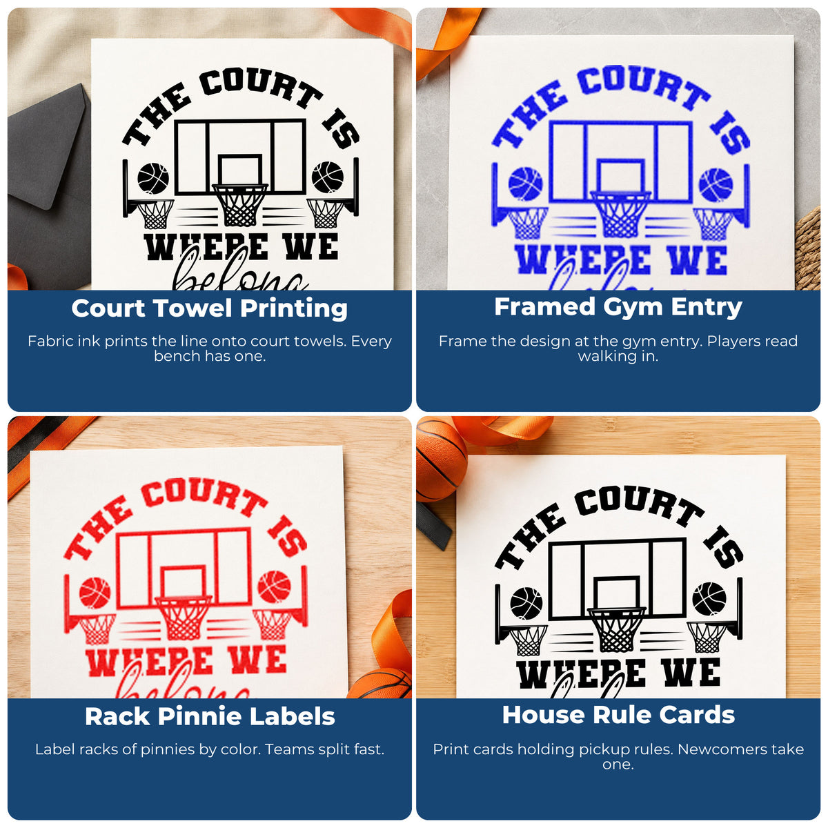 Four ways to use the Duo Hand The Court Is Where We Belong Rubber Stamp: court towel printing, framed gym entry, rack pinnie labels and house rule cards.
