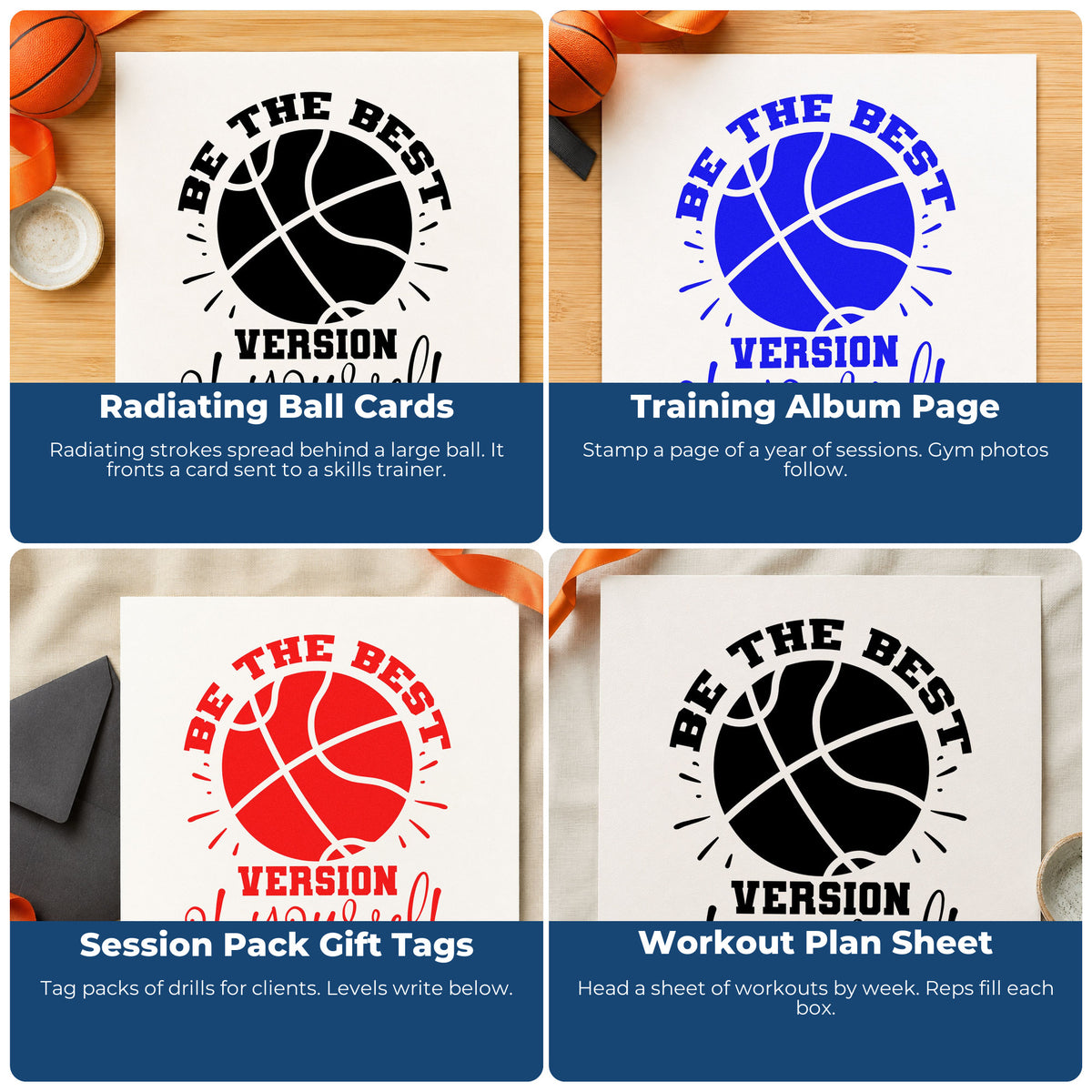 Four ways to use the Best Version Of Yourself Rubber Stamp – Wood Handle: radiating ball cards, training album page, session pack gift tags and workout plan sheet.