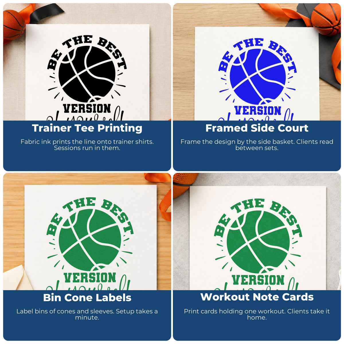 Four ways to use the Best Version Of Yourself Rubber Stamp – Wood Handle: trainer tee printing, framed side court, bin cone labels and workout note cards.