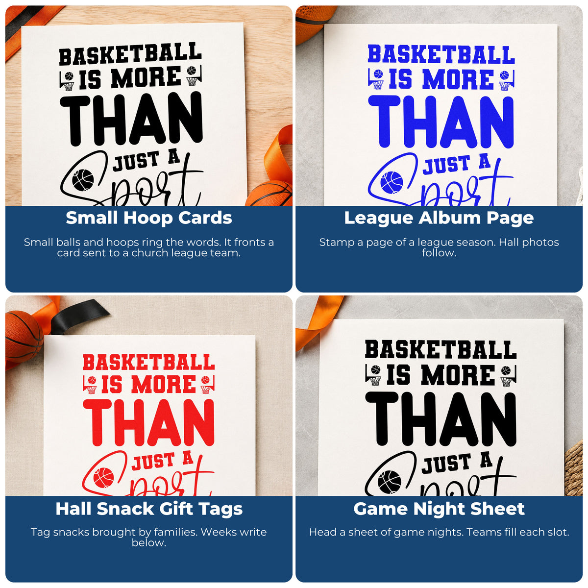 Four ways to use the Basketball Is More Than Just A Sport Pre-Inked Stamp – PSI: small hoop cards, league album page, hall snack gift tags and game night sheet.