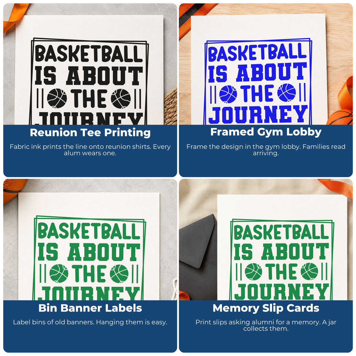 Four ways to use the Pre-Inked Basketball About The Journey Stamp – PSI: reunion tee printing, framed gym lobby, bin banner labels and memory slip cards.