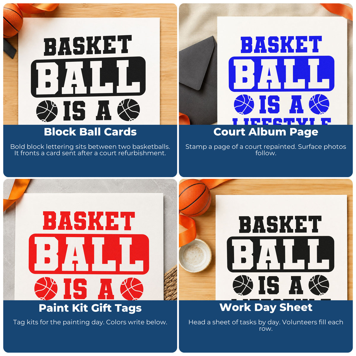 Four ways to use the Basketball Is A Lifestyle Block Lettering Rubber Stamp – Duo Hand: block ball cards, court album page, paint kit gift tags and work day sheet.
