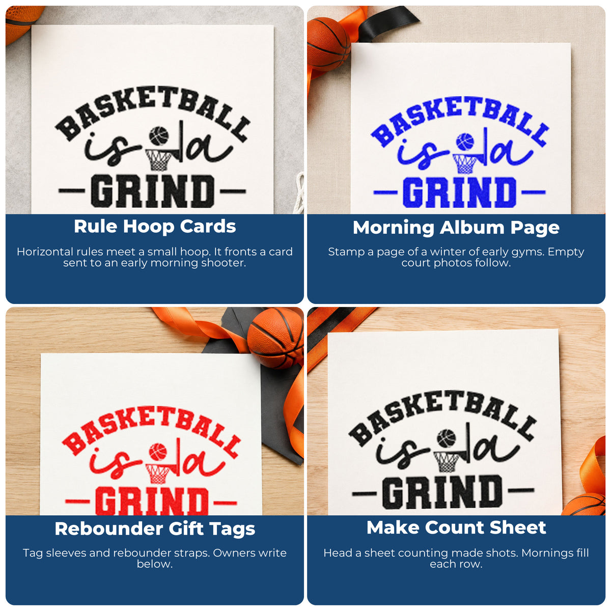 Four ways to use the PSI Pre-Inked Basketball Is A Grind Stamp: rule hoop cards, morning album page, rebounder gift tags and make count sheet.