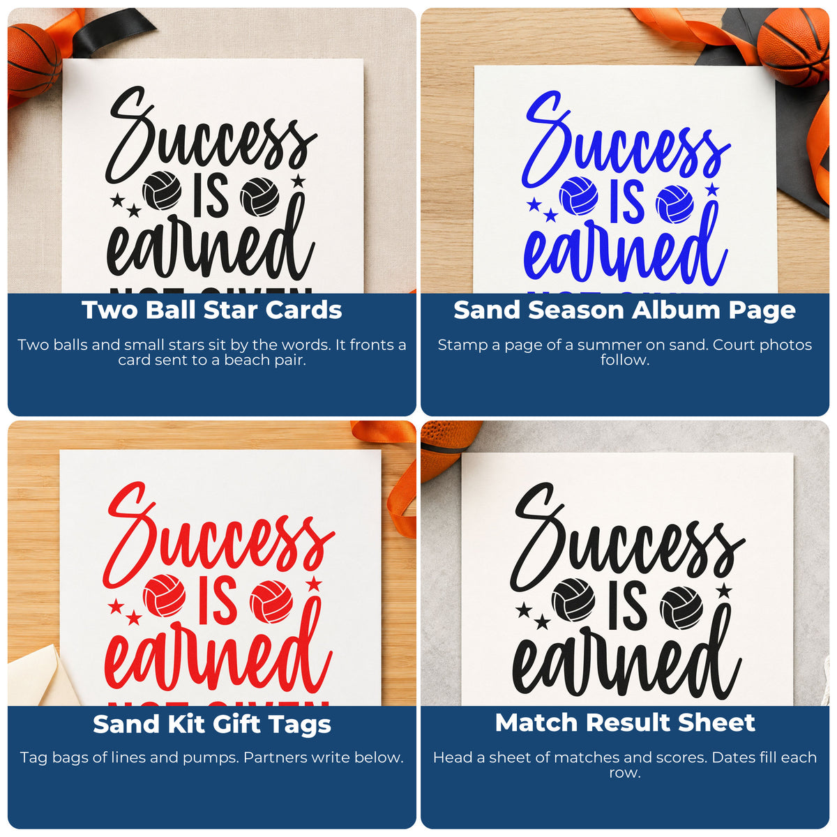Four ways to use the Self-Inking Two Volleyballs With Success Lettering Stamp: two ball star cards, sand season album page, sand kit gift tags and match result sheet.