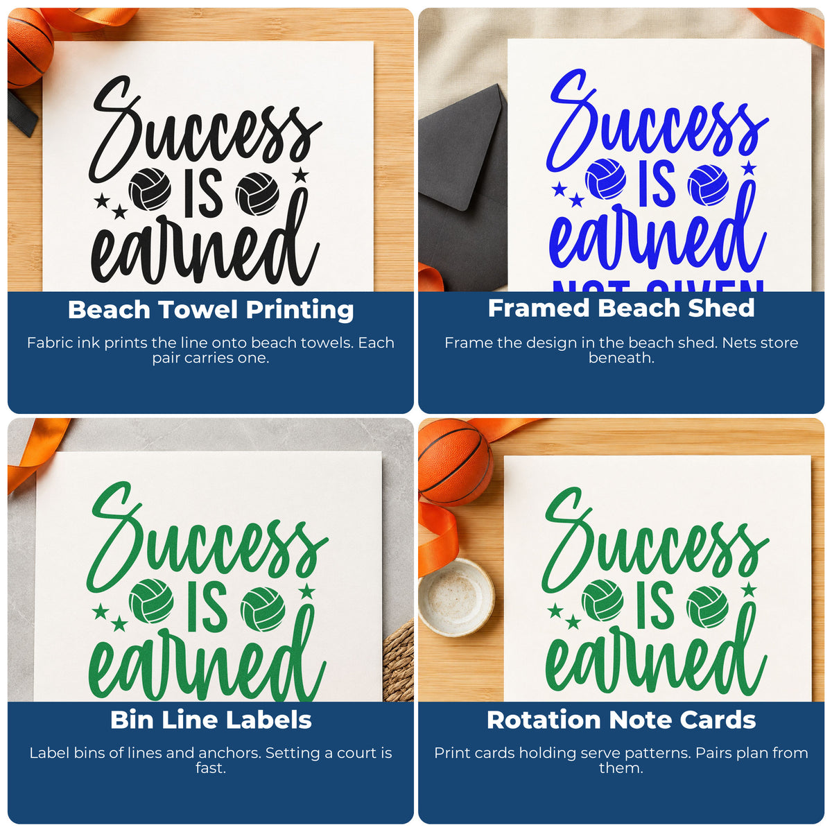 Four ways to use the Self-Inking Two Volleyballs With Success Lettering Stamp: beach towel printing, framed beach shed, bin line labels and rotation note cards.