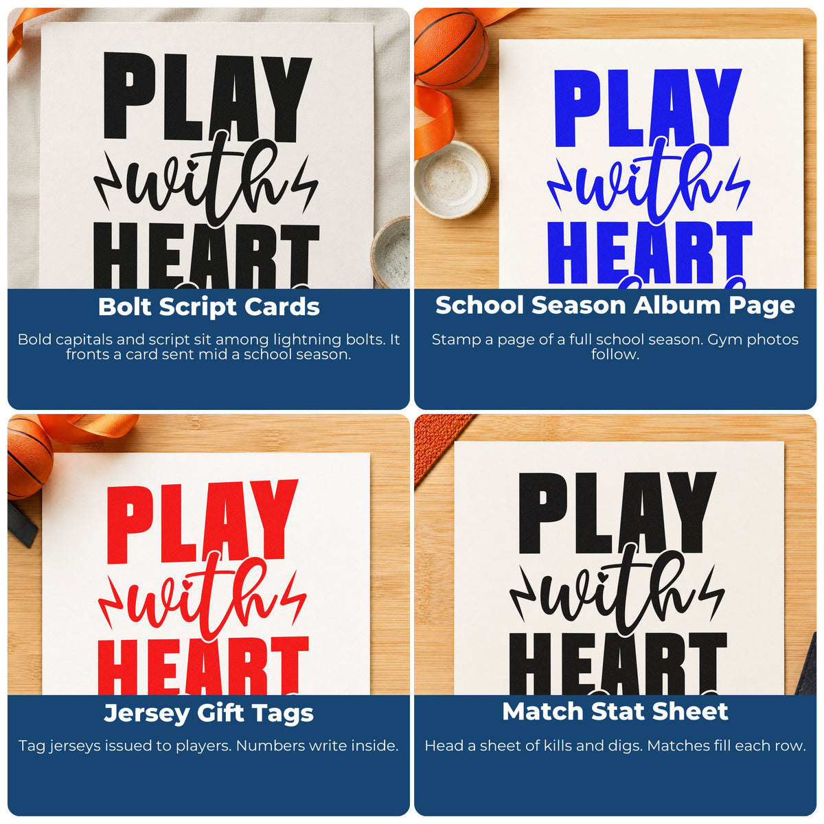 Four ways to use the Play With Heart Soul Stamp – Self-Inking: bolt script cards, school season album page, jersey gift tags and match stat sheet.