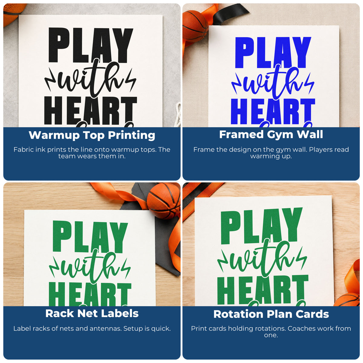 Four ways to use the Play With Heart Soul Stamp – Self-Inking: warmup top printing, framed gym wall, rack net labels and rotation plan cards.