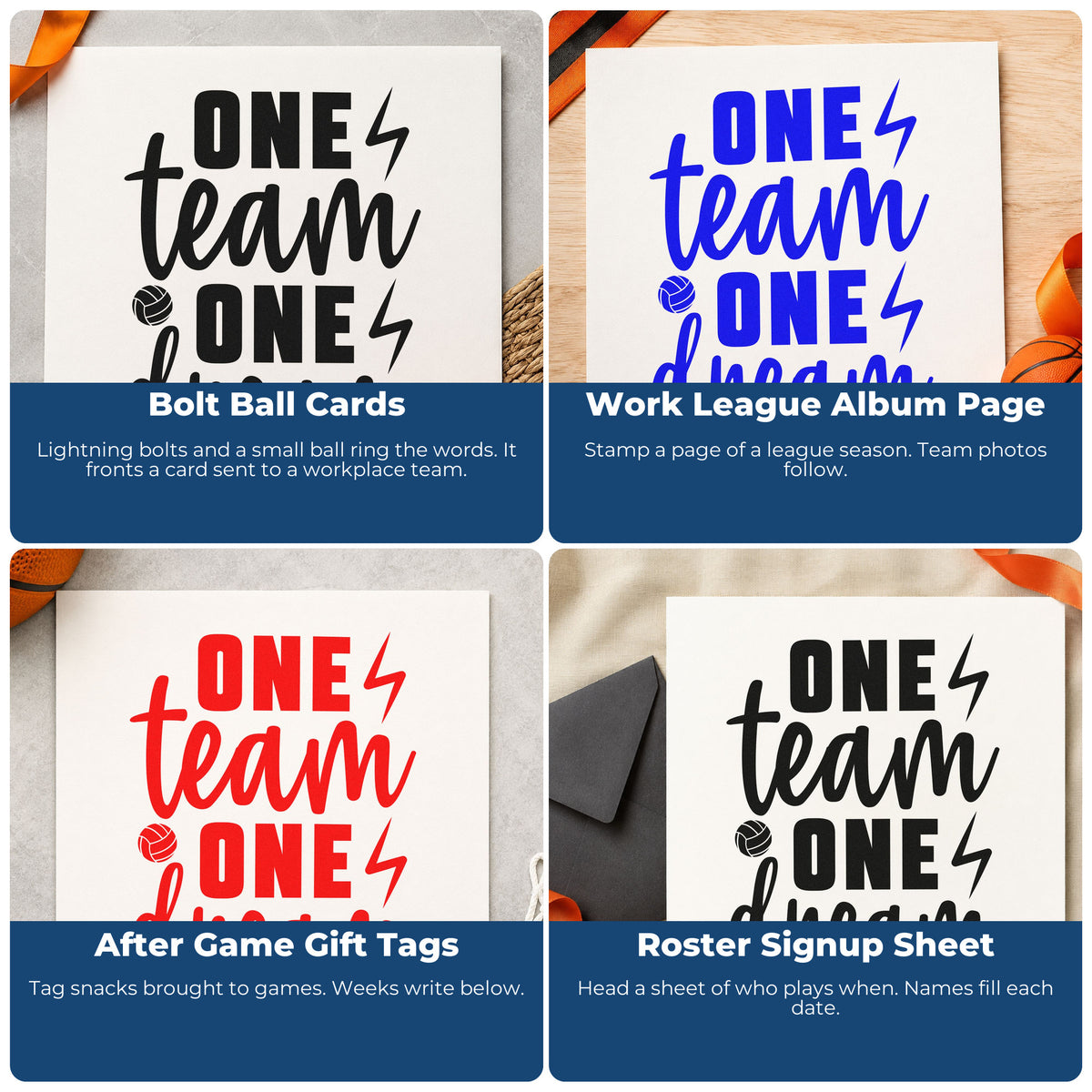 Four ways to use the Volleyball And Lightning One Team One Dream Self-Inking Stamp: bolt ball cards, work league album page, after game gift tags and roster signup sheet.