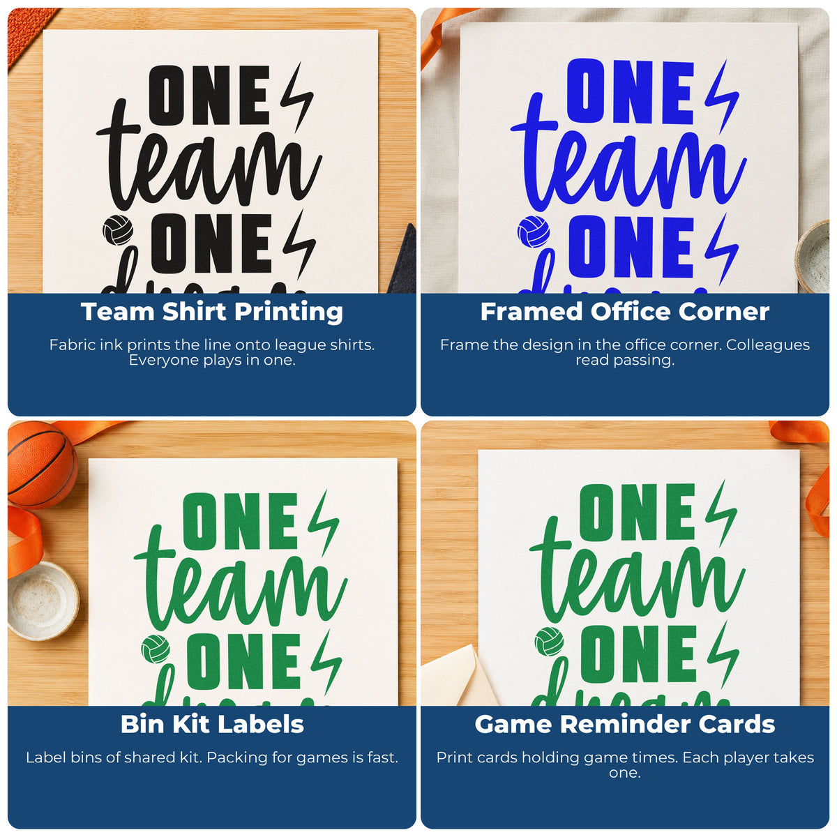 Four ways to use the Volleyball And Lightning One Team One Dream Self-Inking Stamp: team shirt printing, framed office corner, bin kit labels and game reminder cards.
