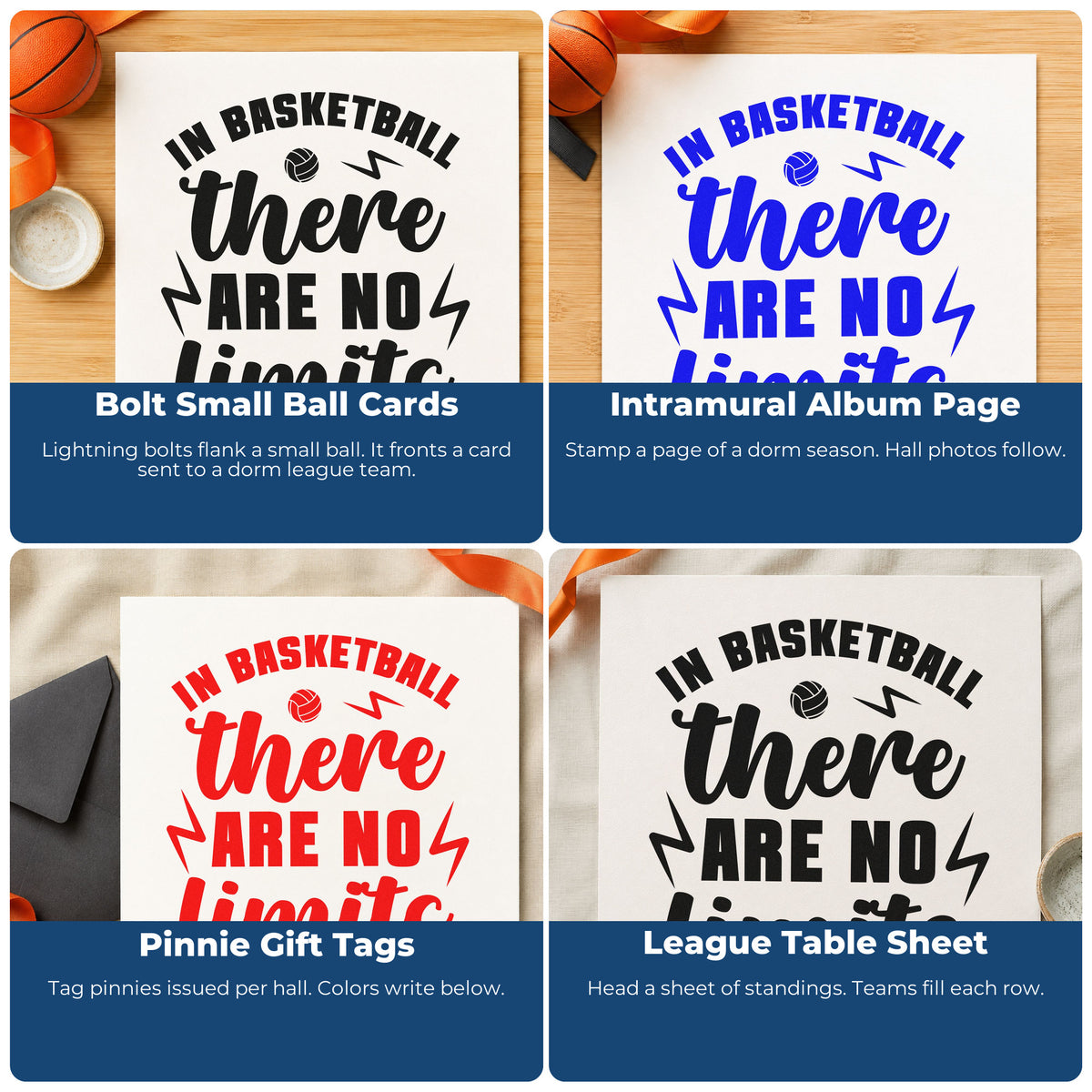Four ways to use the Basketball No Limits Lightning Lettering Slim Pre-Inked Stamp: bolt small ball cards, intramural album page, pinnie gift tags and league table sheet.