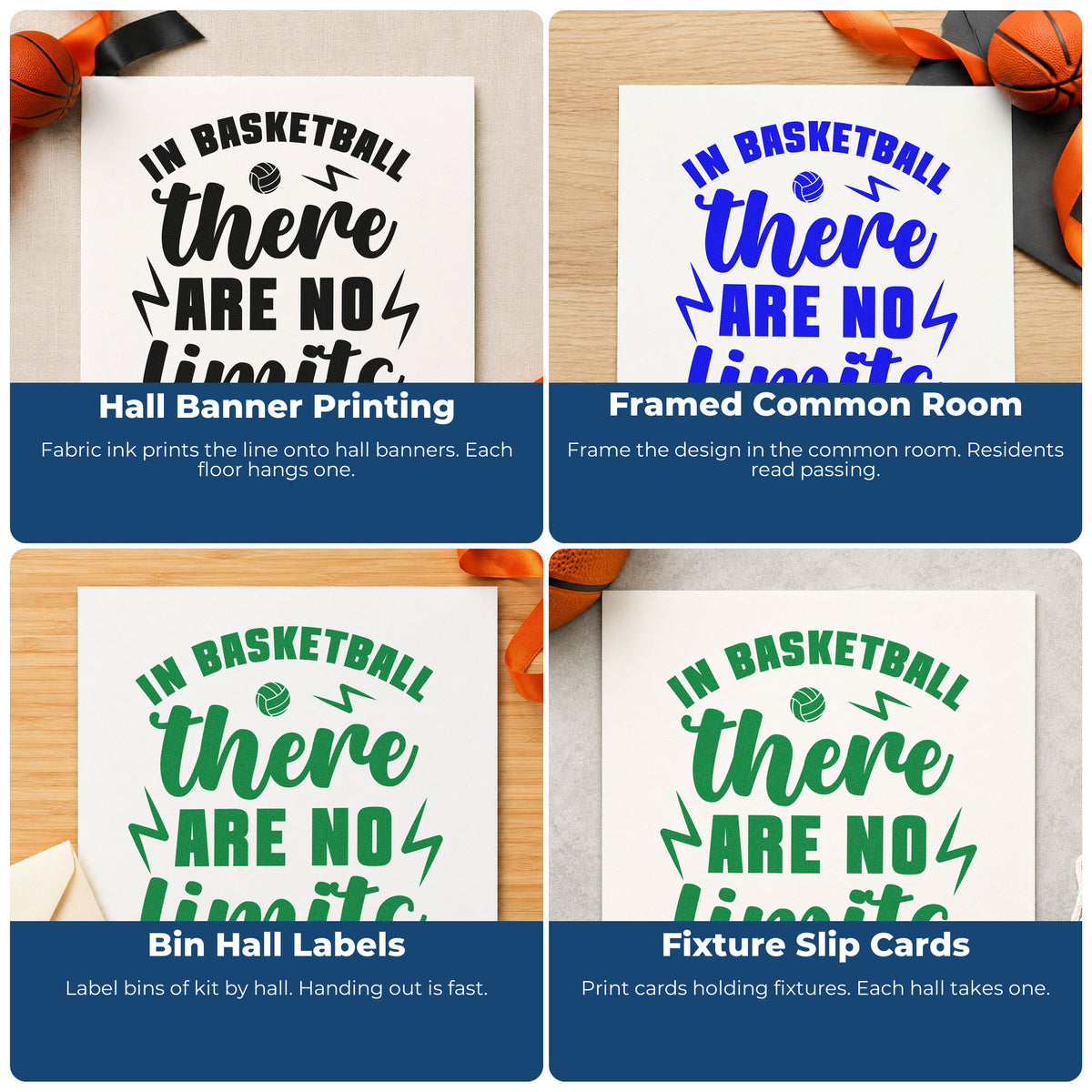 Four ways to use the Basketball No Limits Lightning Lettering Pre-Inked Stamp – PSI: hall banner printing, framed common room, bin hall labels and fixture slip cards.