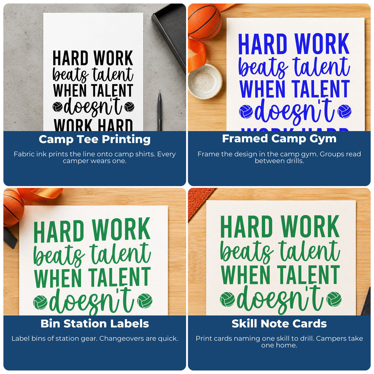Four ways to use the Pre-Inked Two Volleyballs With Hard Work Lettering Stamp – PSI: camp tee printing, framed camp gym, bin station labels and skill note cards.