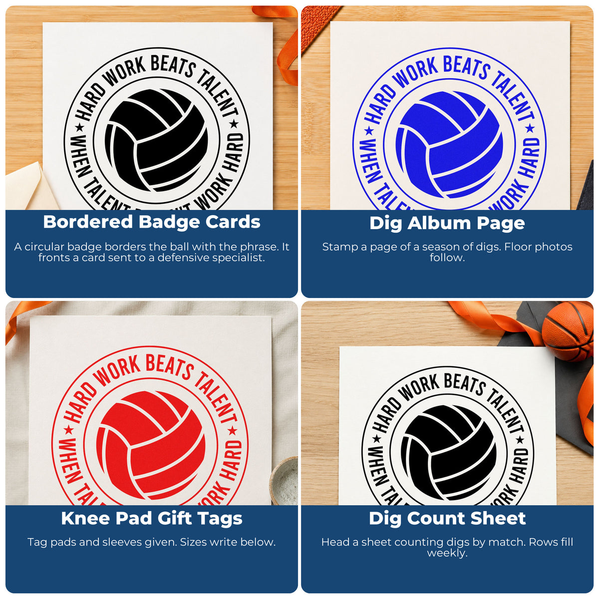 Four ways to use the Volleyball Circle With Hard Work Quote Stamp – Wood Handle: bordered badge cards, dig album page, knee pad gift tags and dig count sheet.