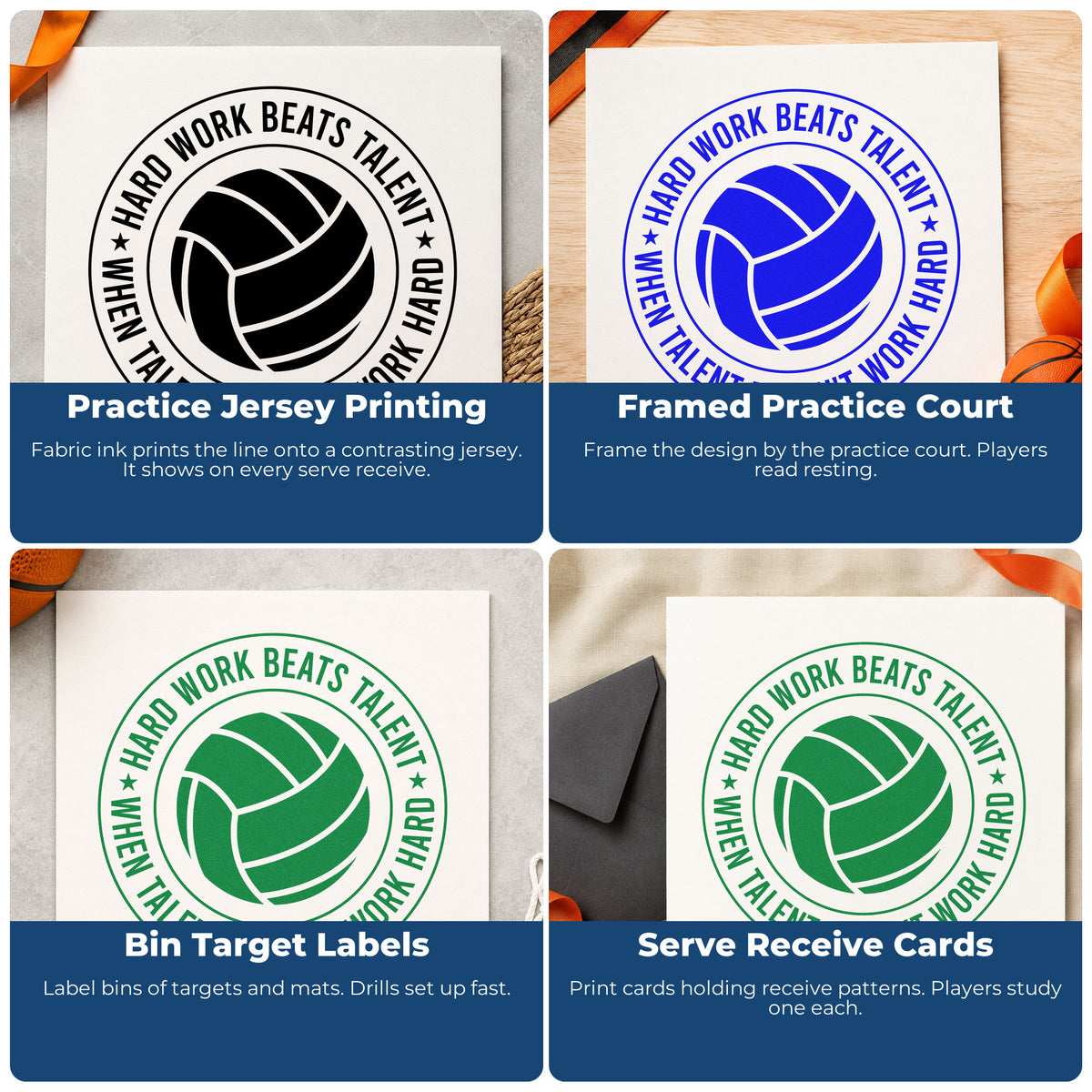 Four ways to use the Volleyball Circle With Hard Work Quote Stamp - Premium Vintage Pro Wooden: practice jersey printing, framed practice court, bin target labels and serve receive cards.