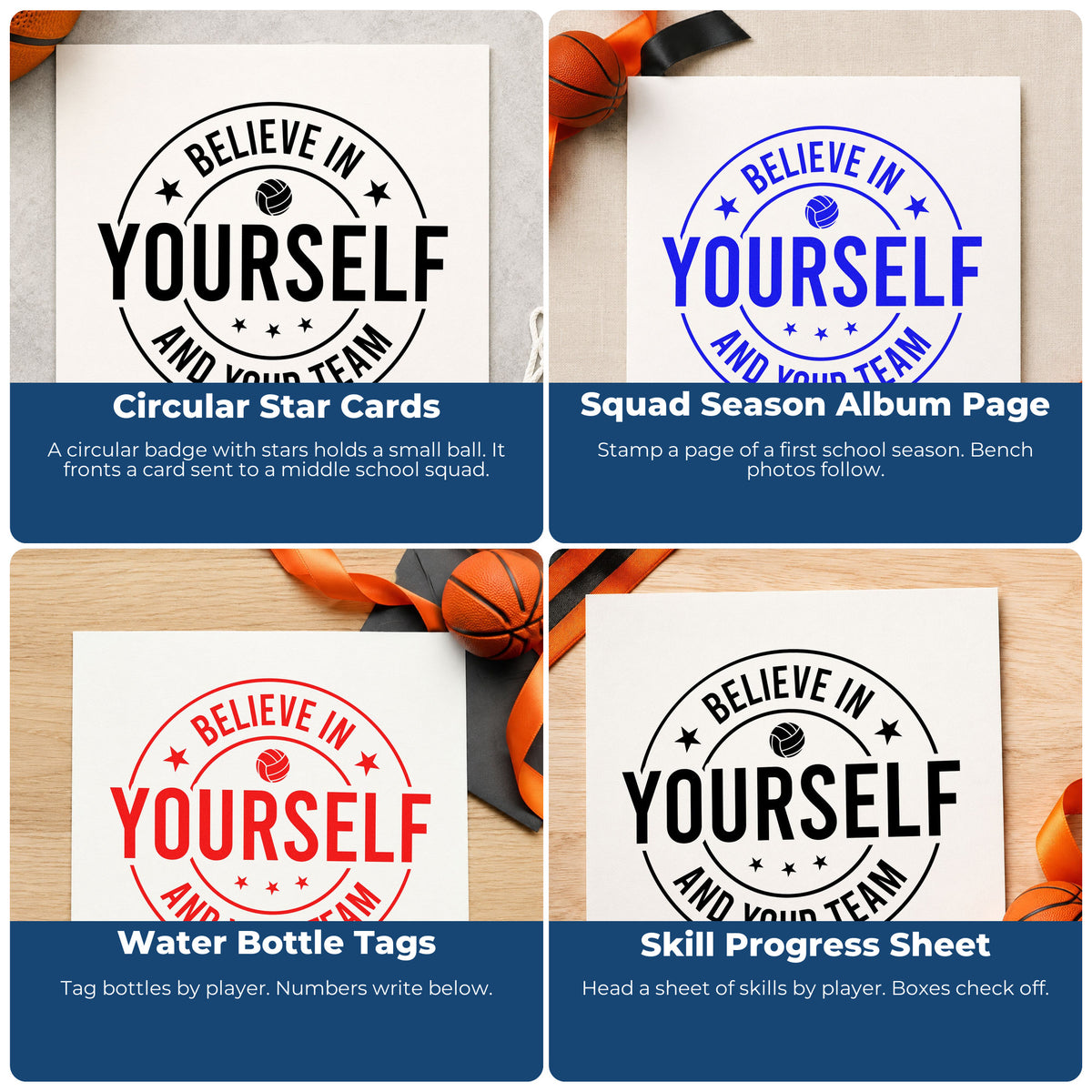 Four ways to use the Teamwork Quote With Volleyball Badge Pre-Inked Stamp – PSI: circular star cards, squad season album page, water bottle tags and skill progress sheet.