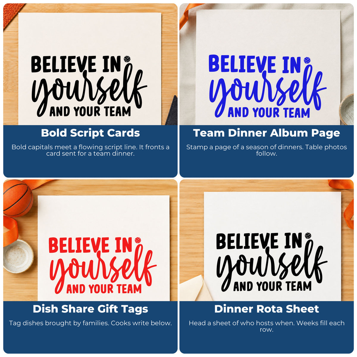 Four ways to use the Believe Yourself And Team Hand Stamp – Duo: bold script cards, team dinner album page, dish share gift tags and dinner rota sheet.