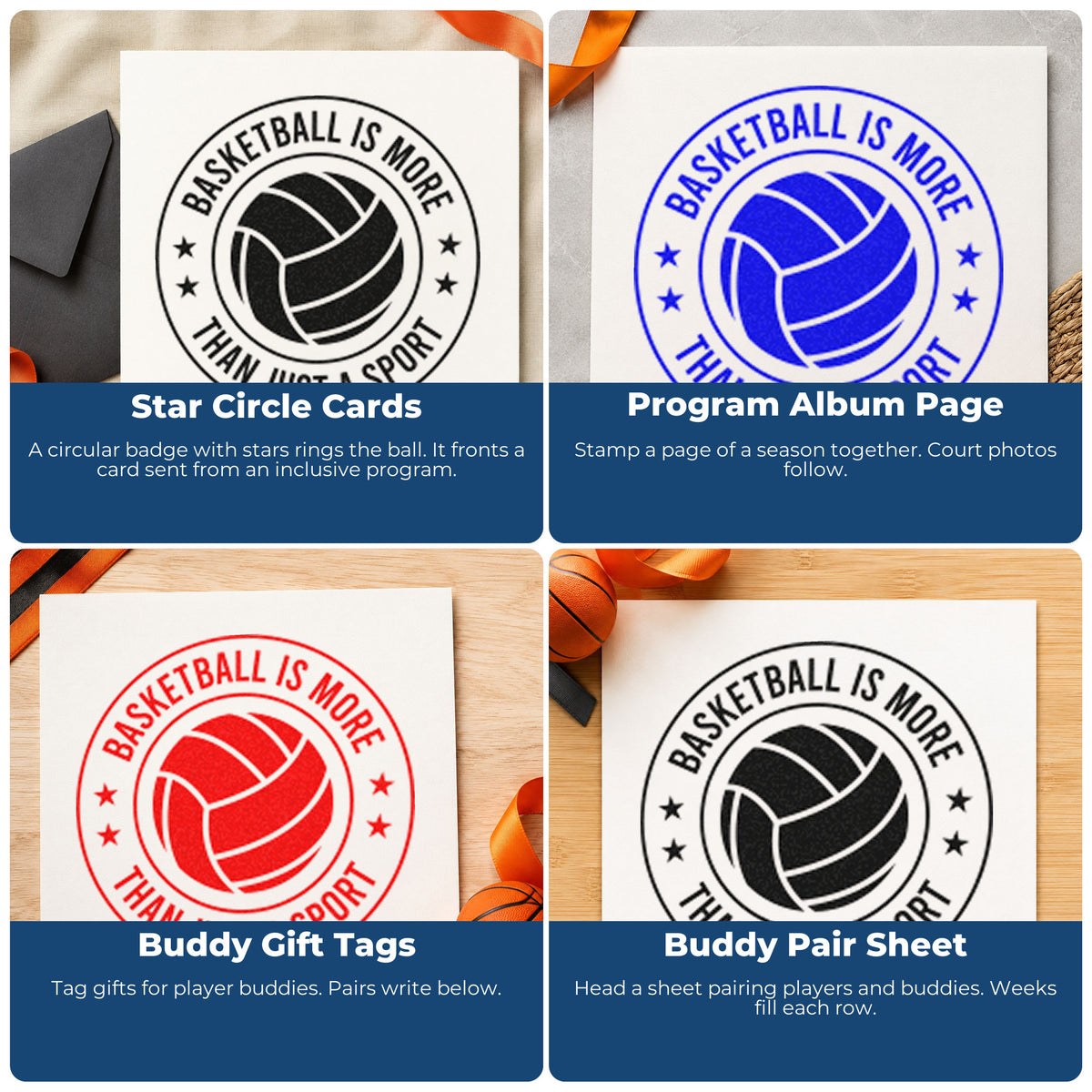 Four ways to use the Circular Basketball Quote With Stars Duo Hand Stamp: star circle cards, program album page, buddy gift tags and buddy pair sheet.
