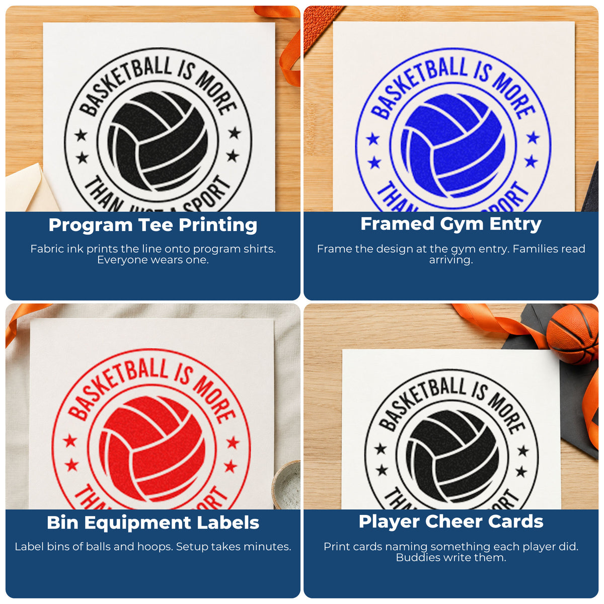 Four ways to use the Circular Basketball Quote With Stars Stamp – Self-Inking: program tee printing, framed gym entry, bin equipment labels and player cheer cards.