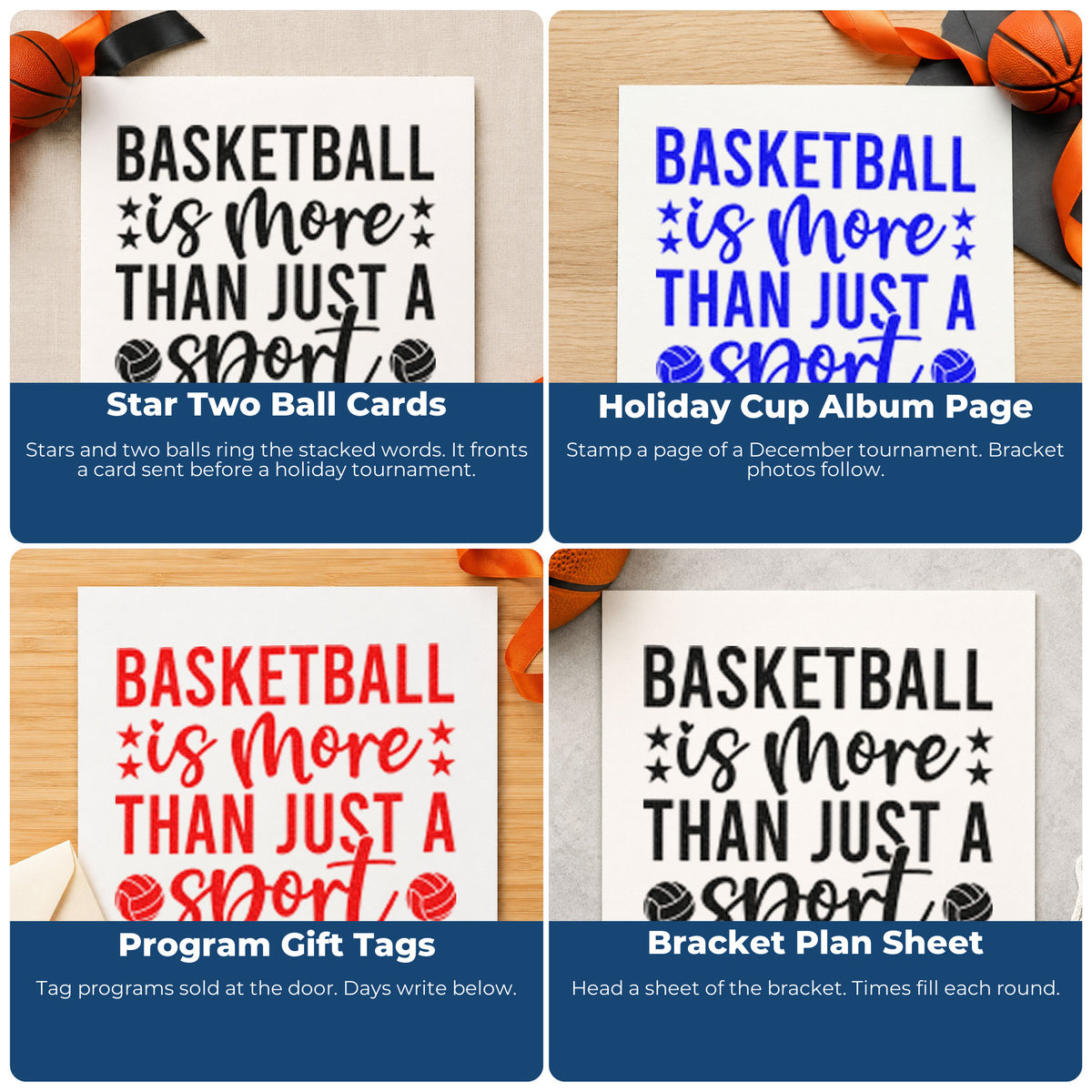 Four ways to use the Wood Handle Star Accents With Basketball Quote Rubber Stamp: star two ball cards, holiday cup album page, program gift tags and bracket plan sheet.