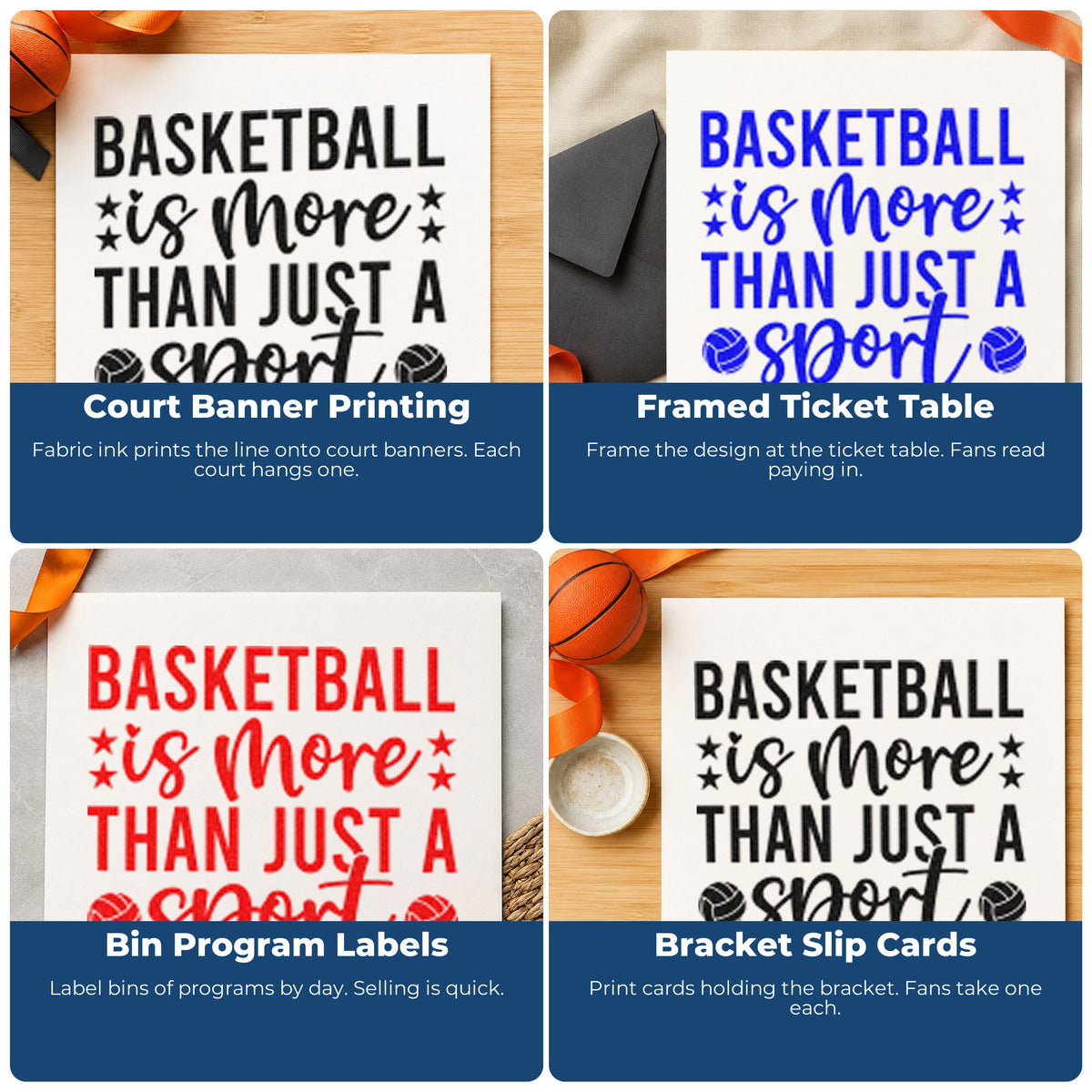 Four ways to use the Vintage Pro Star Accents With Basketball Quote Premium Wooden Stamp: court banner printing, framed ticket table, bin program labels and bracket slip cards.