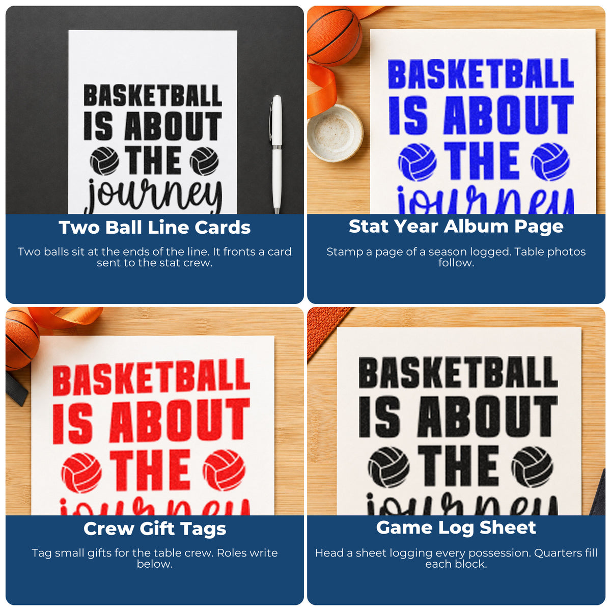 Four ways to use the Journey Quote With Two Paneled Balls Stamp – PSI Pre-Inked: two ball line cards, stat year album page, crew gift tags and game log sheet.