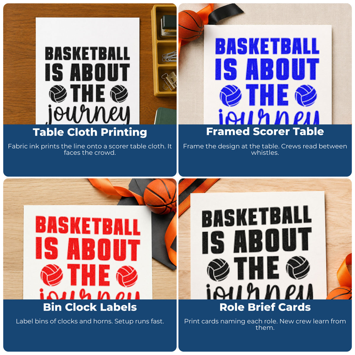 Four ways to use the Journey Quote With Two Paneled Balls Stamp – PSI Pre-Inked: table cloth printing, framed scorer table, bin clock labels and role brief cards.