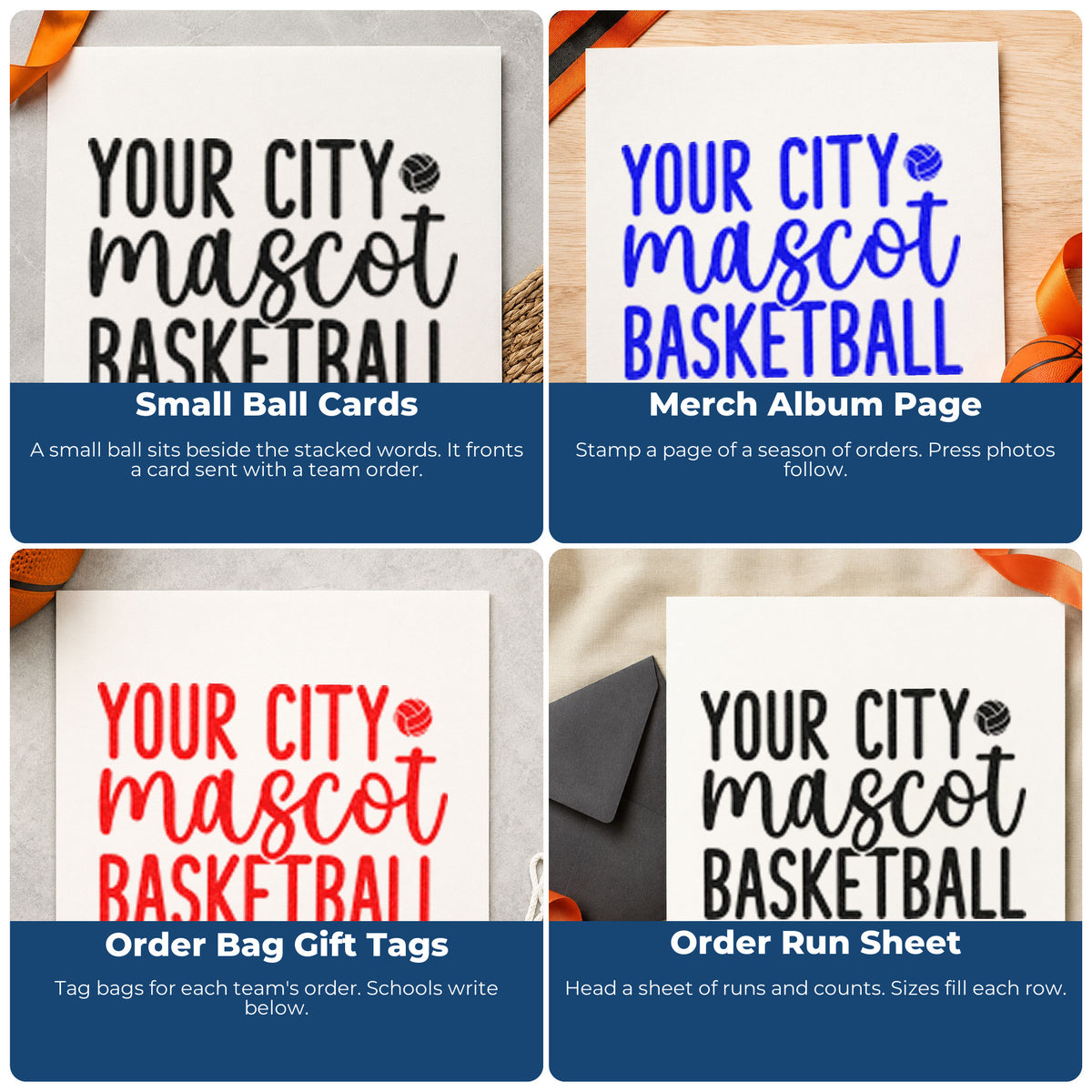 Four ways to use the Basketball Mascot Placeholder Lettering Premium Wood-Mounted Stamp - Vintage Pro: small ball cards, merch album page, order bag gift tags and order run sheet.