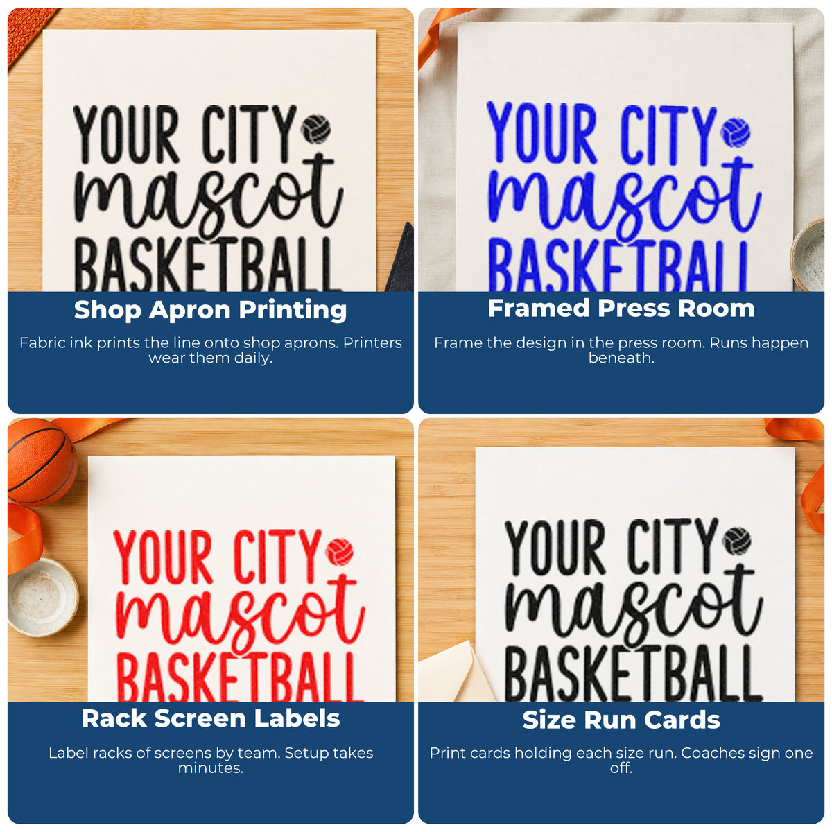 Four ways to use the Basketball Mascot Placeholder Lettering PSI Pre-Inked Stamp: shop apron printing, framed press room, rack screen labels and size run cards.