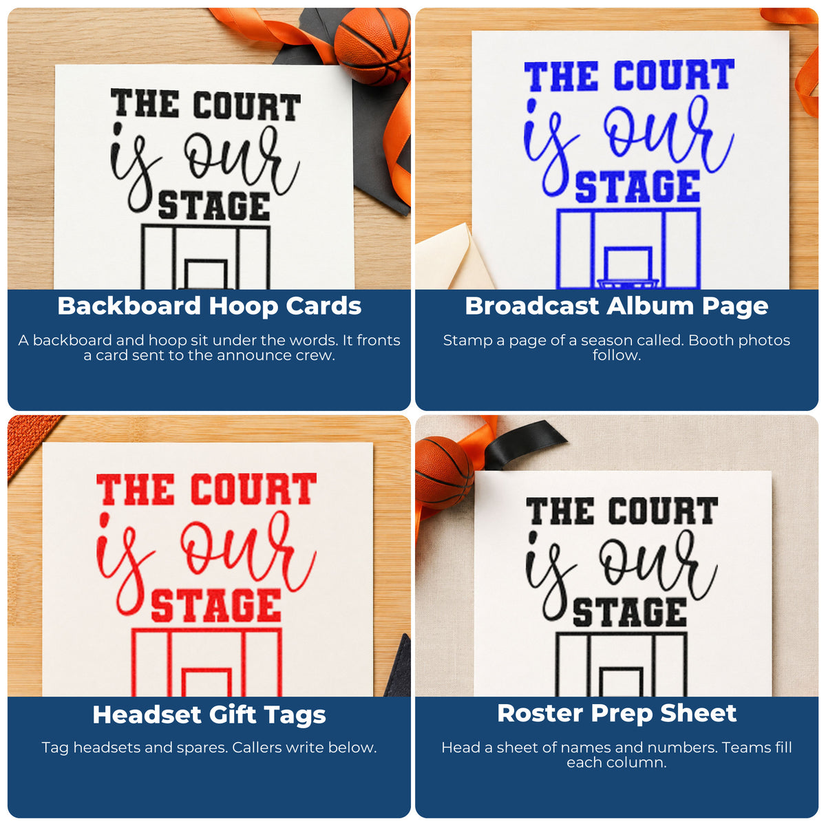 Four ways to use the Court Our Stage Hoop Basketball Slim Pre-Inked Stamp: backboard hoop cards, broadcast album page, headset gift tags and roster prep sheet.