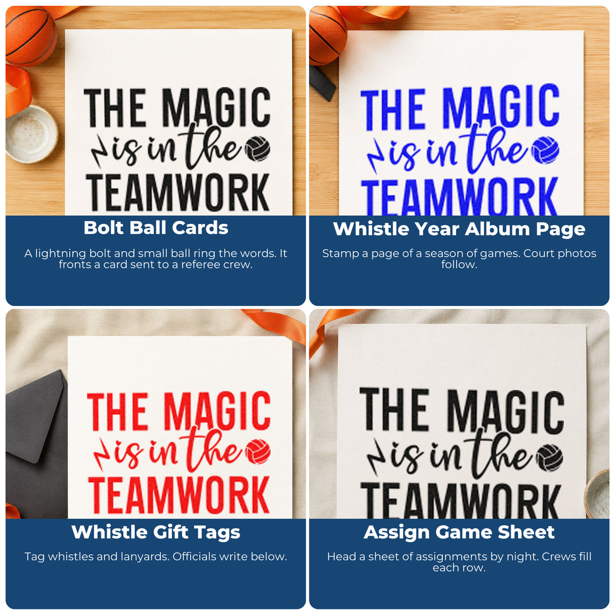 Four ways to use the Teamwork Magic With Lightning And Volleyball Craft Stamp – Self-Inking: bolt ball cards, whistle year album page, whistle gift tags and assign game sheet.