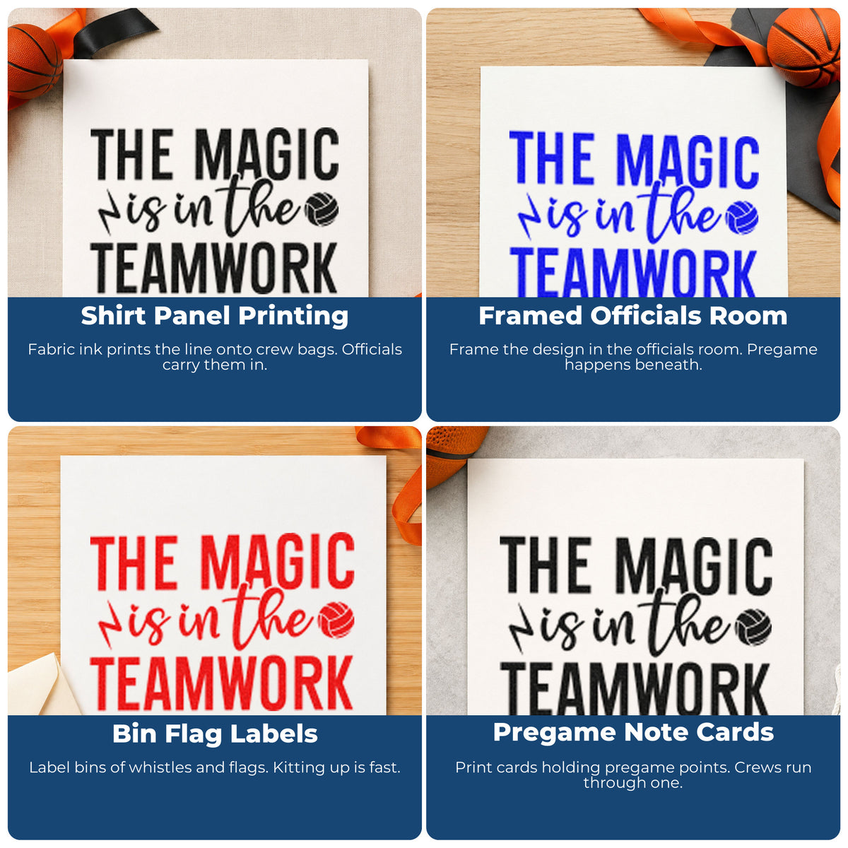 Four ways to use the Teamwork Magic With Lightning And Volleyball Craft Stamp – Self-Inking: shirt panel printing, framed officials room, bin flag labels and pregame note cards.
