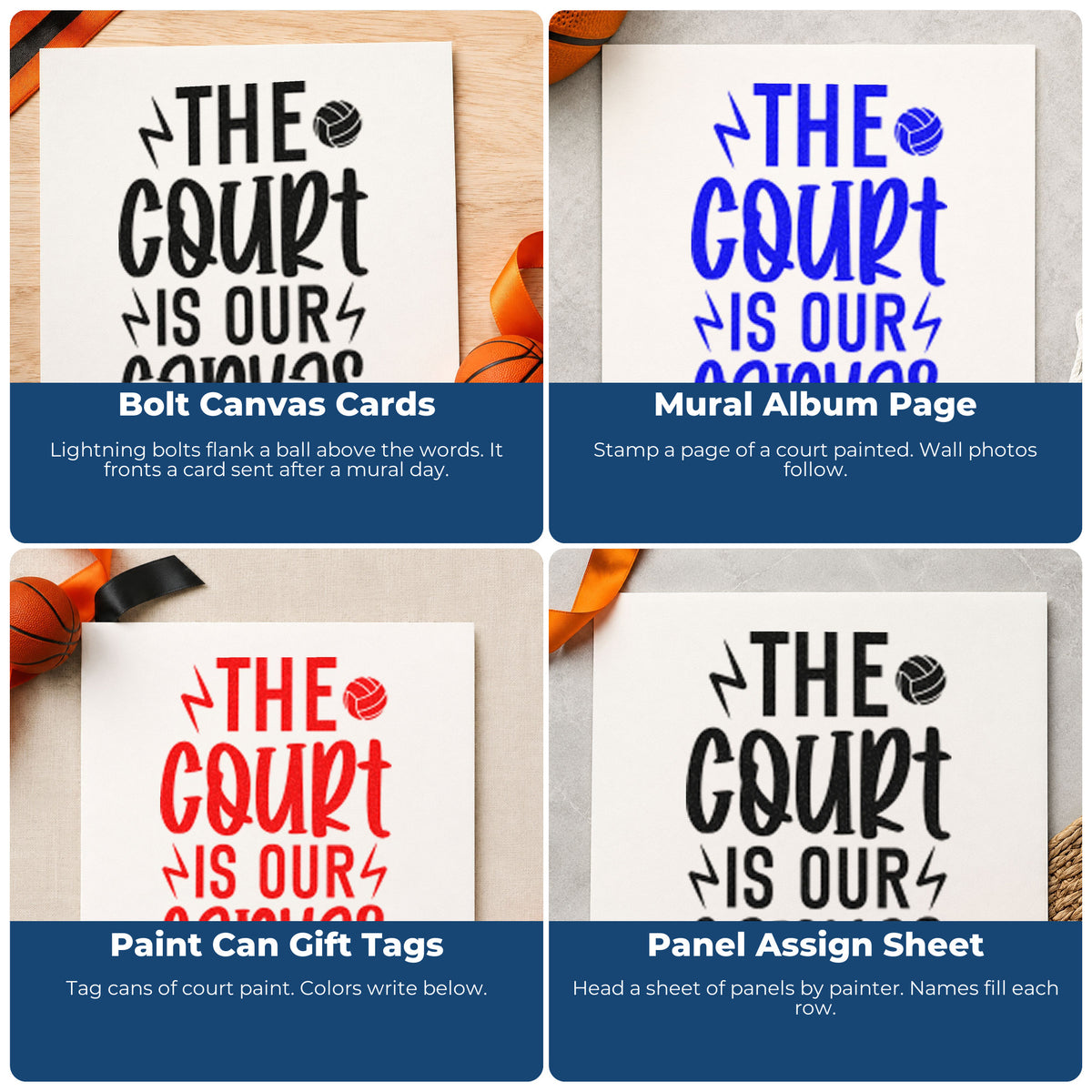 Four ways to use the Volleyball And Lightning Court Quote Compact Pre-Inked Stamp – Slim: bolt canvas cards, mural album page, paint can gift tags and panel assign sheet.