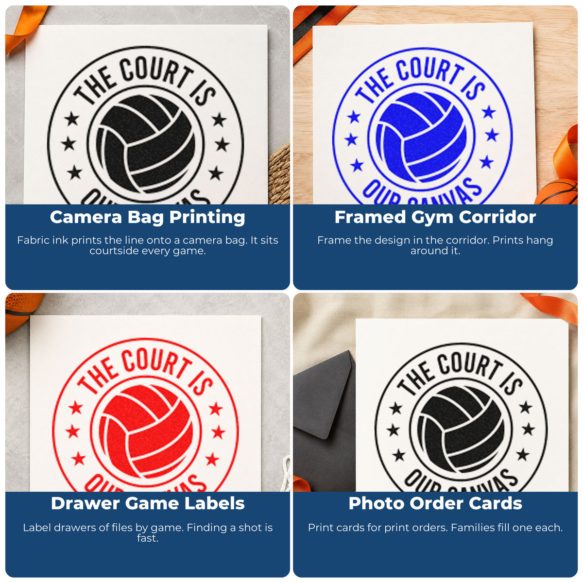 Four ways to use the Volleyball Circle With Court Canvas Quote Slim Pre-Inked Stamp: camera bag printing, framed gym corridor, drawer game labels and photo order cards.