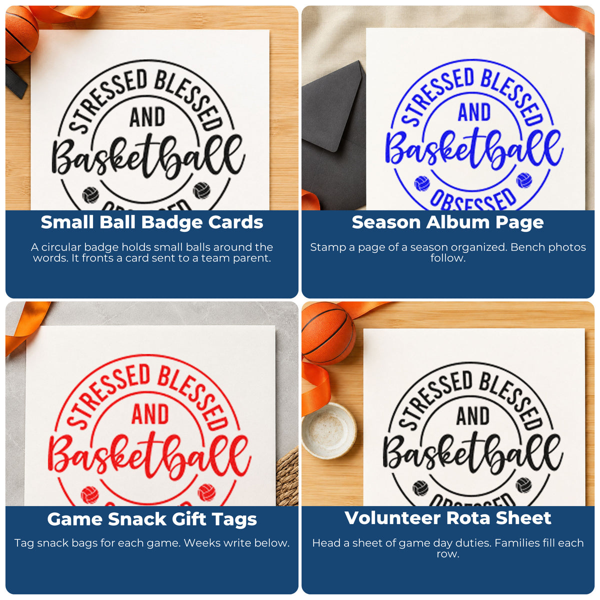 Four ways to use the Stressed Blessed And Basketball Obsessed Pre-Inked Stamp – PSI: small ball badge cards, season album page, game snack gift tags and volunteer rota sheet.