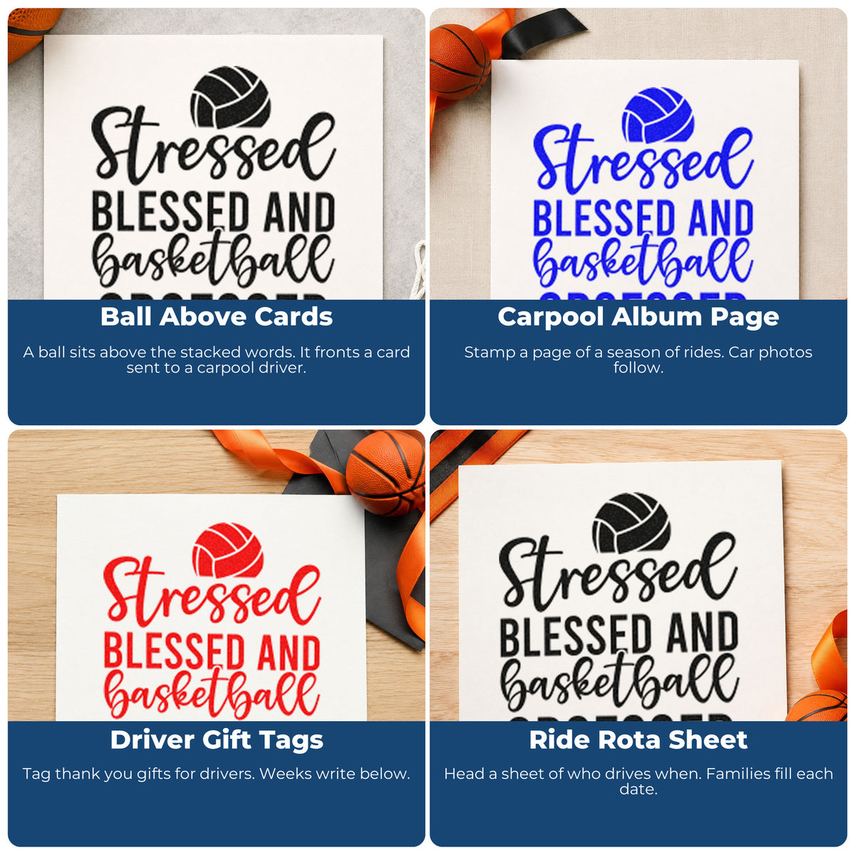 Four ways to use the Basketball Obsessed Stacked Lettering Hand Stamp – Duo: ball above cards, carpool album page, driver gift tags and ride rota sheet.