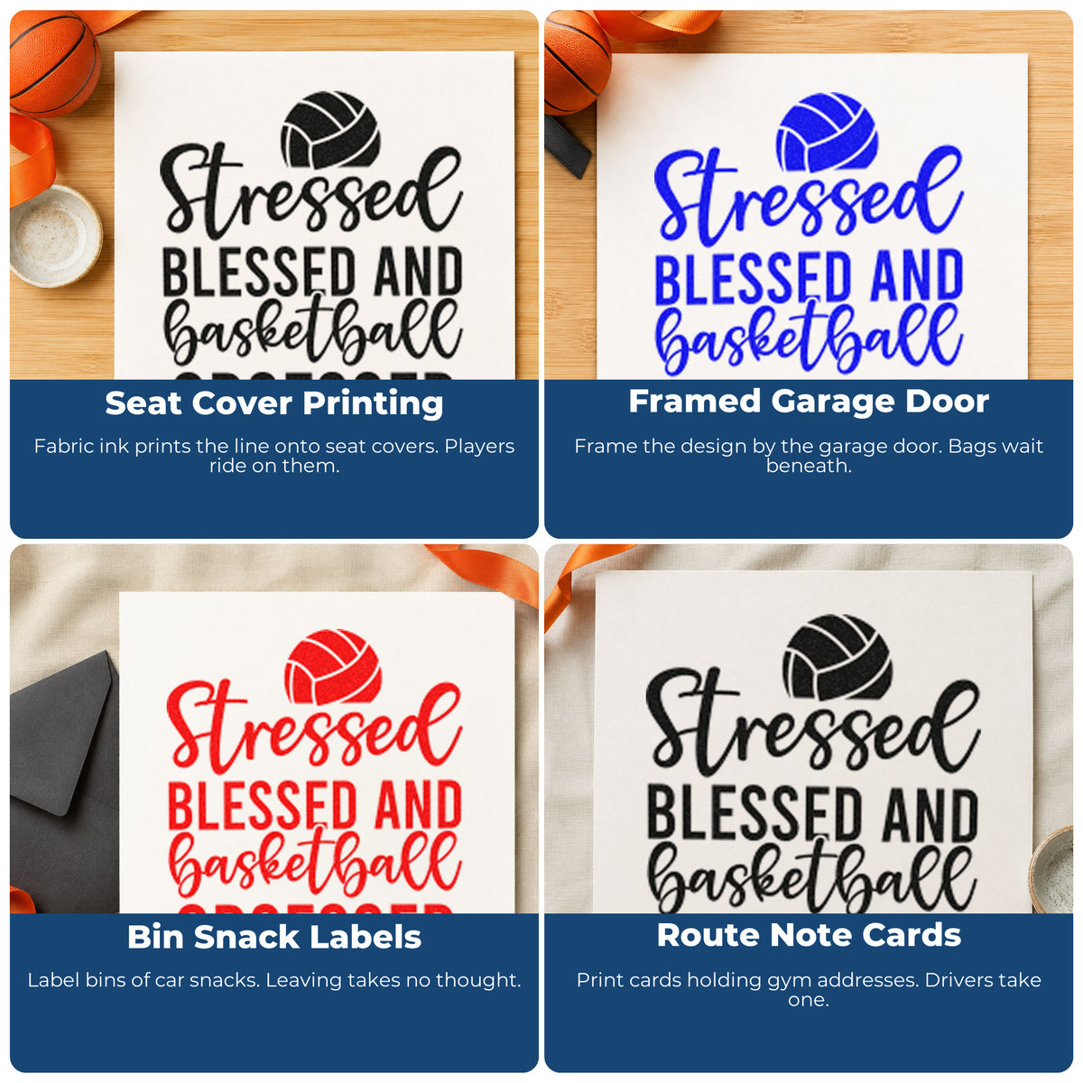 Four ways to use the Basketball Obsessed Stacked Lettering Self-Inking Stamp: seat cover printing, framed garage door, bin snack labels and route note cards.