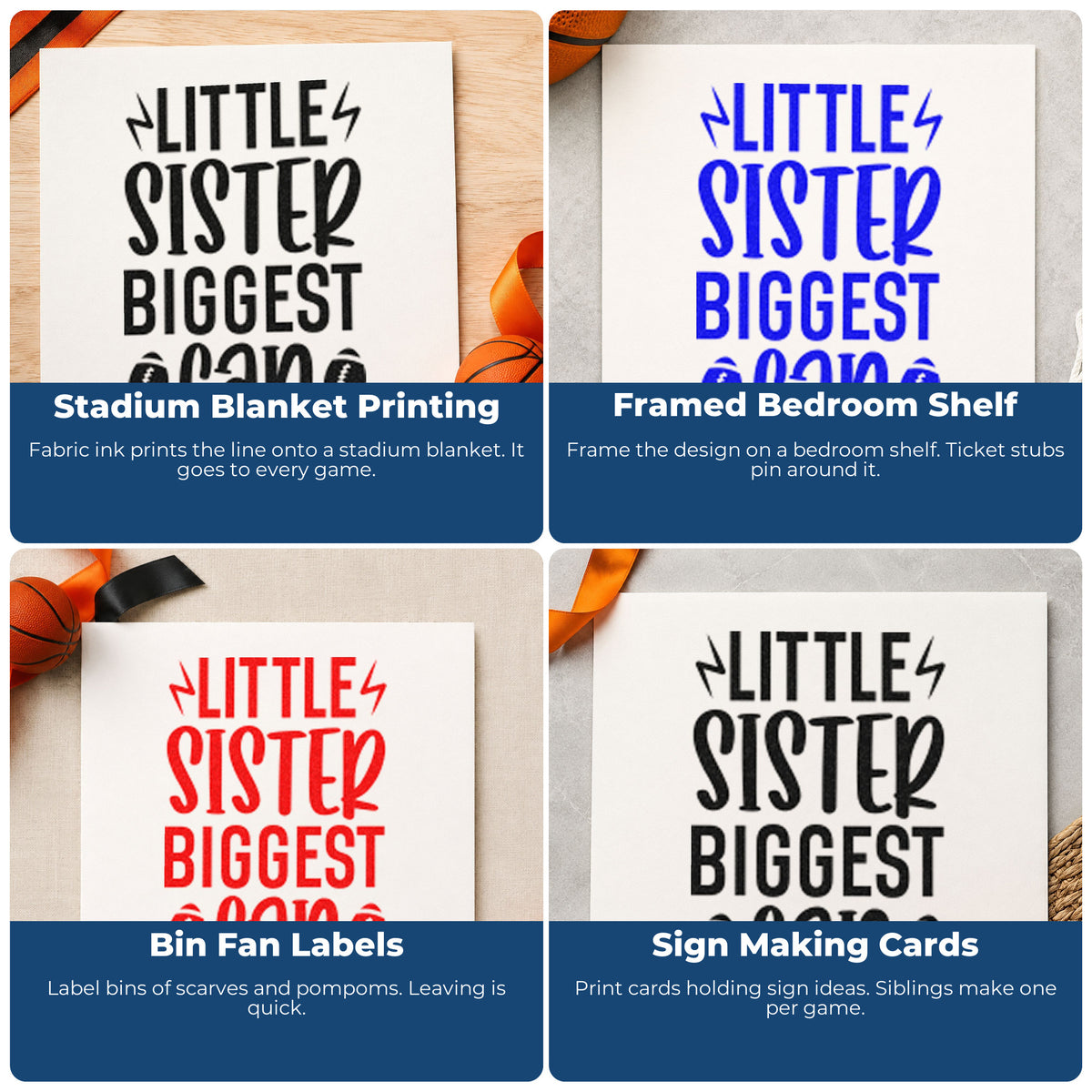 Four ways to use the Little Sister Biggest Fan Premium Wood-Mounted Stamp - Vintage Pro: stadium blanket printing, framed bedroom shelf, bin fan labels and sign making cards.