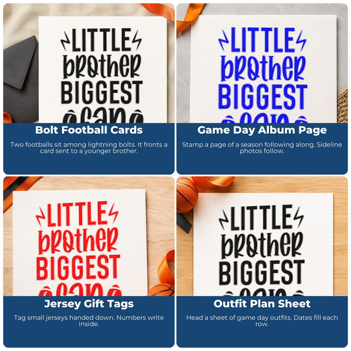 Four ways to use the Little Brother Biggest Fan Lightning Bolt Pre-Inked Stamp – Slim: bolt football cards, game day album page, jersey gift tags and outfit plan sheet.