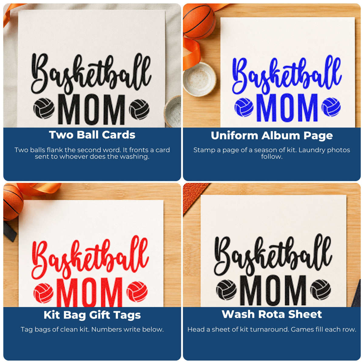 Four ways to use the Ball Pair Framing Basketball Mom Hand Stamp – Duo: two ball cards, uniform album page, kit bag gift tags and wash rota sheet.