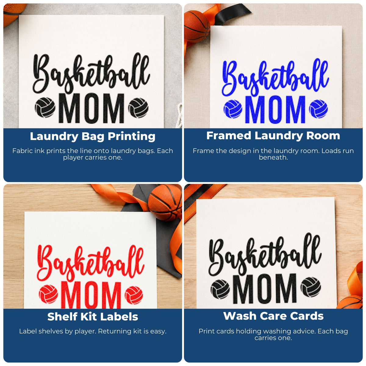 Four ways to use the Ball Pair Framing Basketball Mom Pre-Inked Stamp – PSI: laundry bag printing, framed laundry room, shelf kit labels and wash care cards.