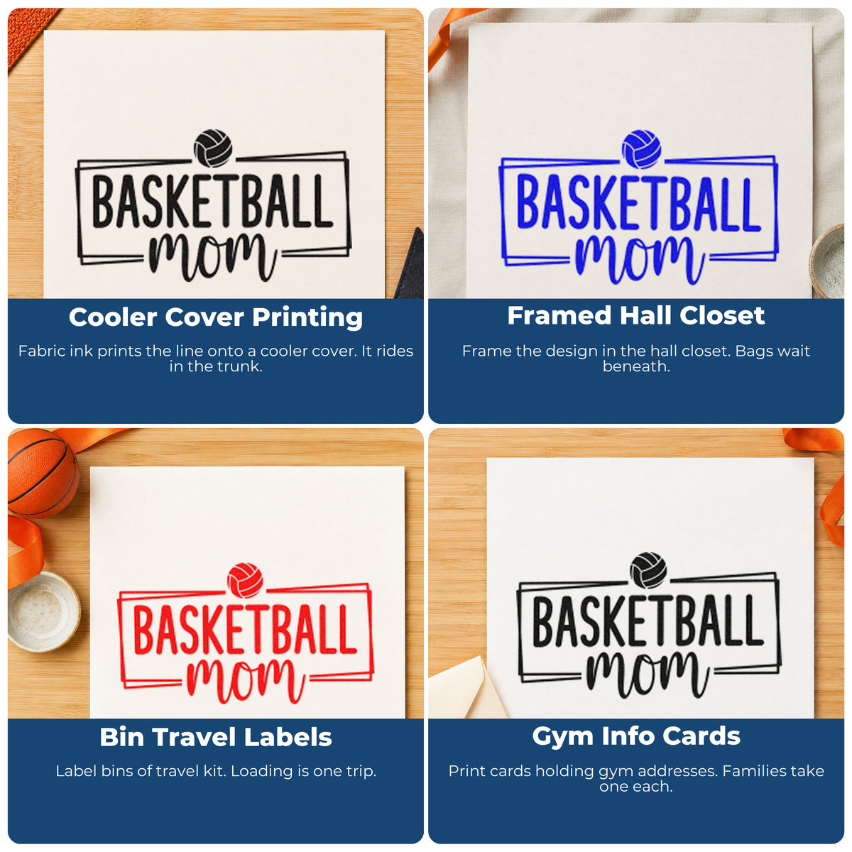 Four ways to use the Framed Basketball Mom With Paneled Ball Self-Inking Stamp: cooler cover printing, framed hall closet, bin travel labels and gym info cards.