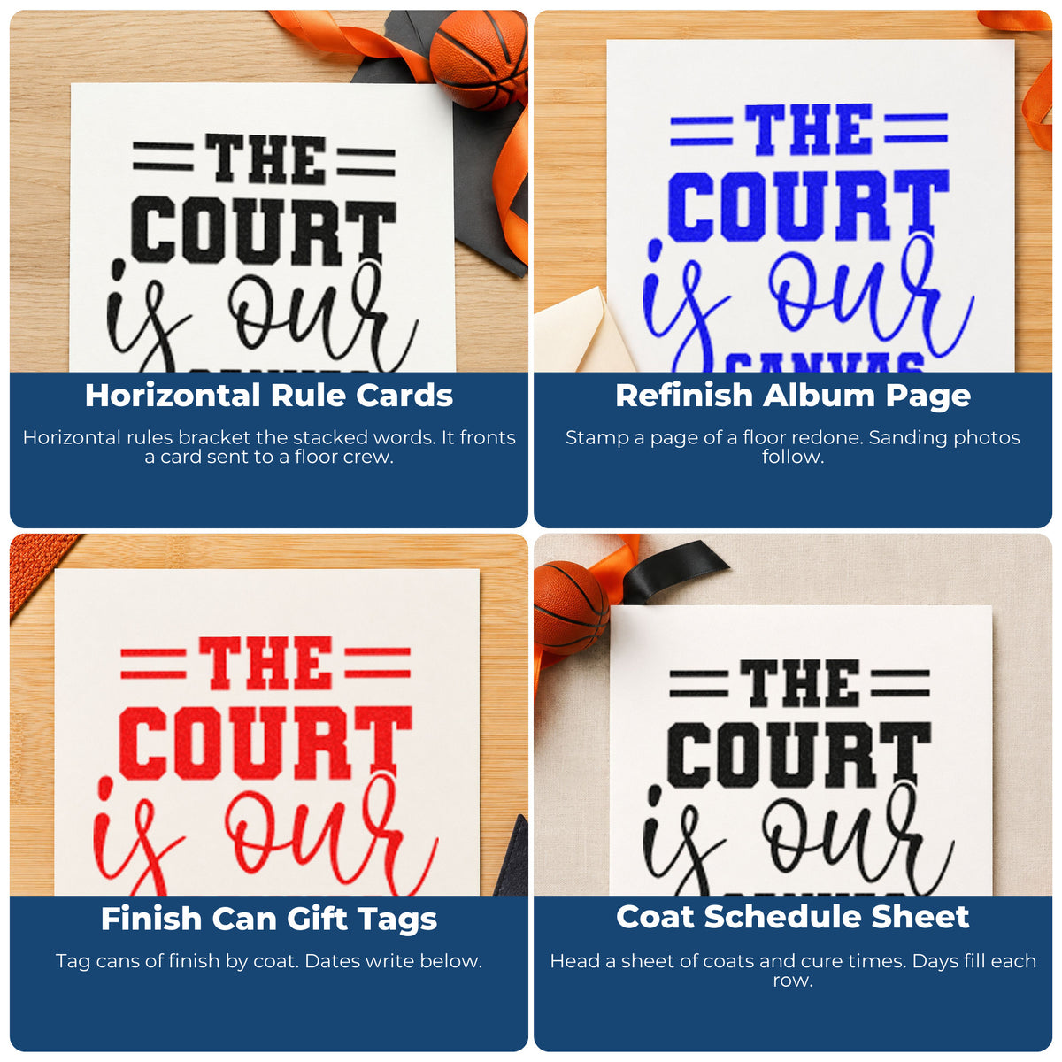 Four ways to use the Court Is Our Canvas Pre-Inked Stamp – Slim: horizontal rule cards, refinish album page, finish can gift tags and coat schedule sheet.