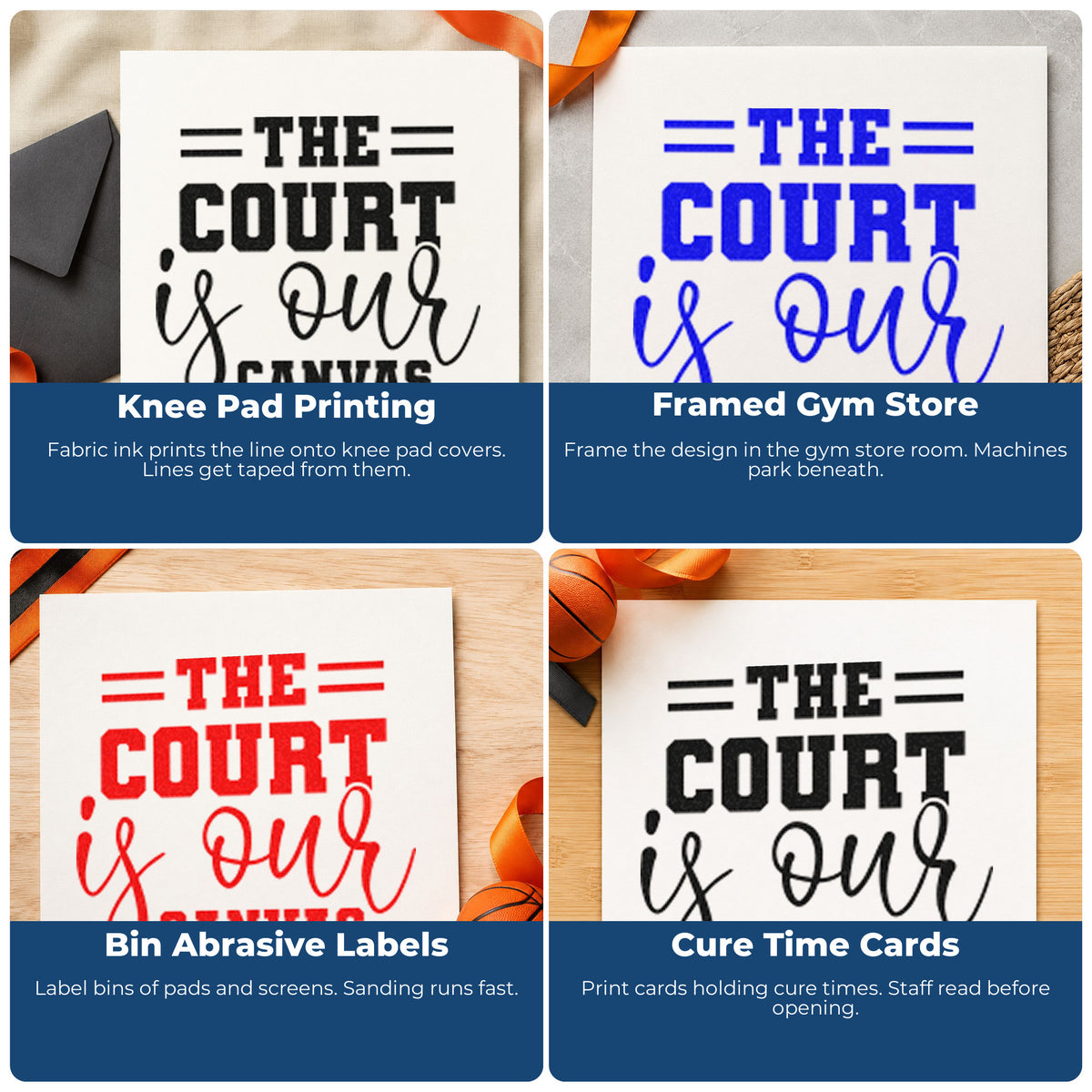 Four ways to use the Court Is Our Canvas Pre-Inked Stamp – Slim: knee pad printing, framed gym store, bin abrasive labels and cure time cards.