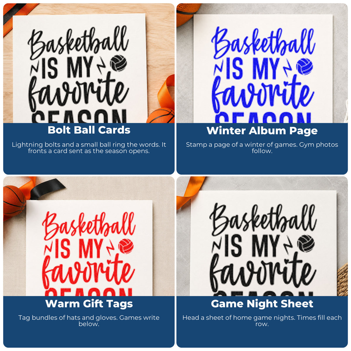 Four ways to use the Lightning Bolts With Basketball Season Quote Slim Pre-Inked Stamp: bolt ball cards, winter album page, warm gift tags and game night sheet.
